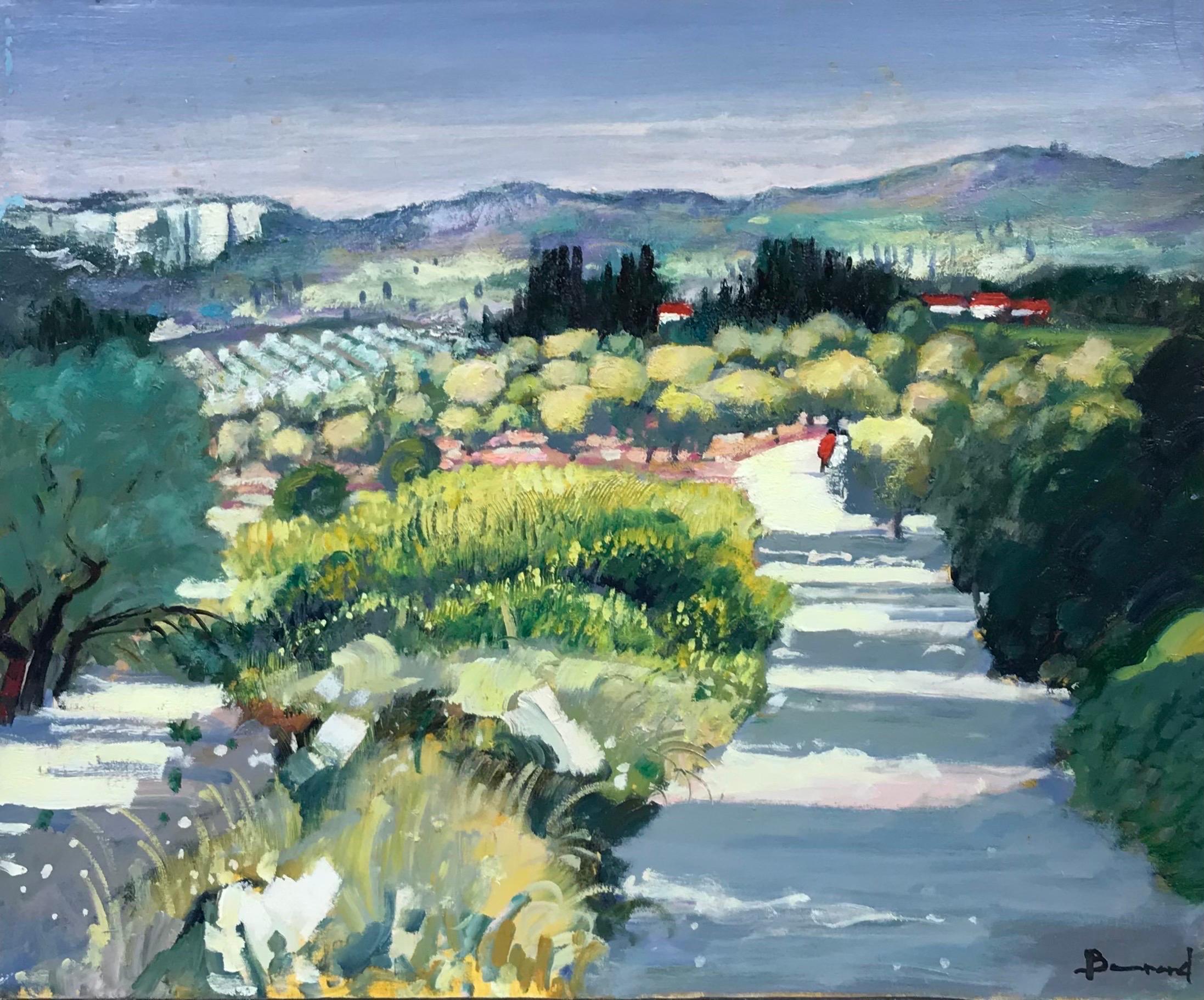 Guy Benard Figurative Painting - Les Alpilles Provence, Sunny Summer Landscape Figures Walking in Lane, oil
