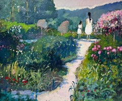 Mère et fille marchant dans un jardin de fleurs, huile impressionniste française signée 