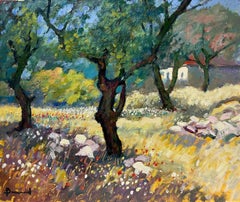 Paysage d'été chaud en Provence - Huile impressionniste originale - Orchard Trees in Provence 