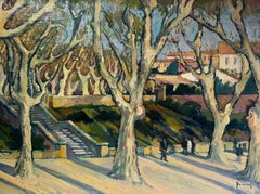 Grande peinture à l'huile post-impressionniste française Arles Provence, arbres blancs, signée