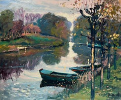 Peinture à l'huile impressionniste française des couleurs d'automne de la rivière Eure en Normandie