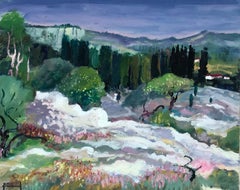 Huile moderniste française Paysage de Provence en creux, Les Alpilles, signée 
