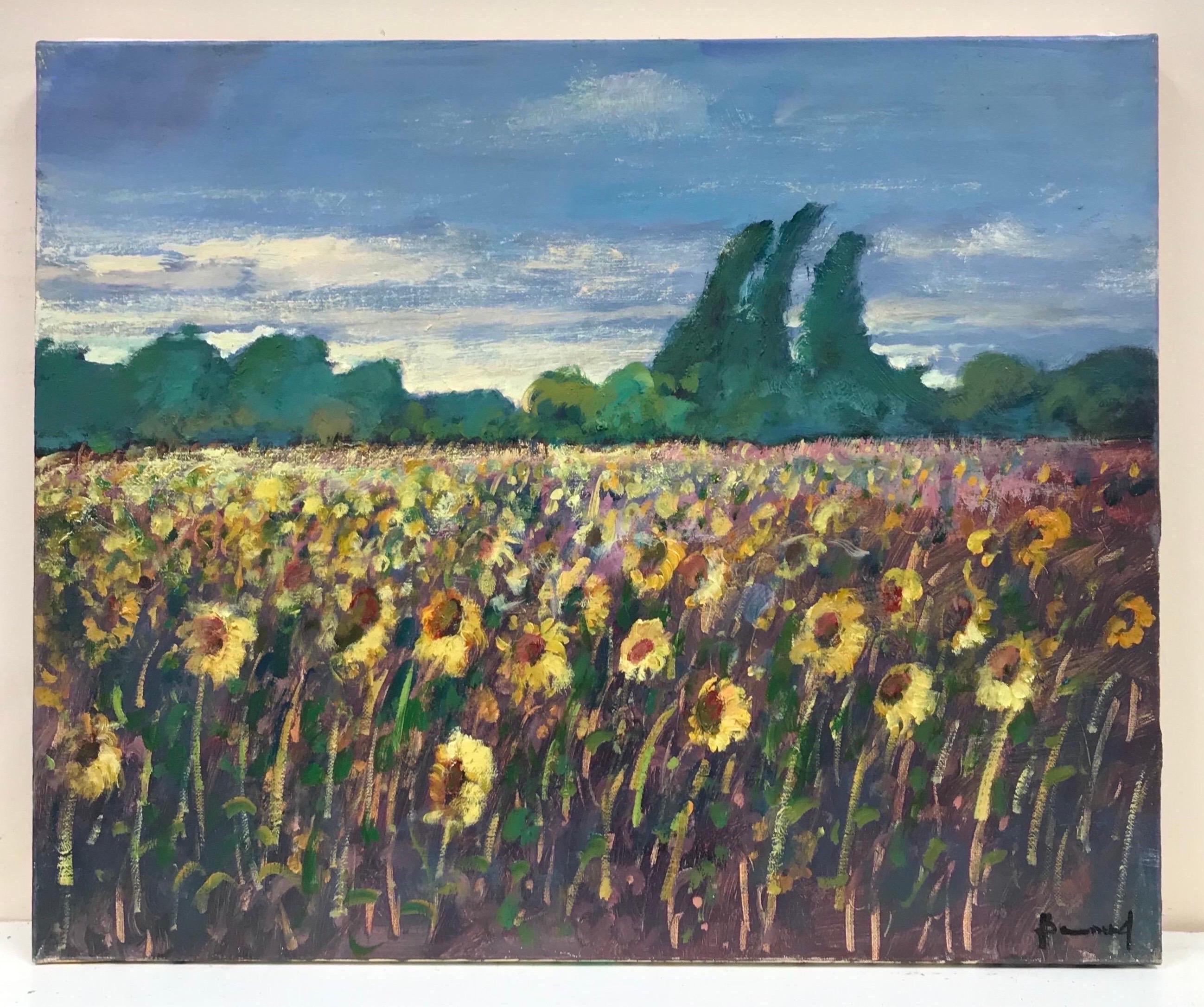 Girasoli in Provenza, dipinto a olio impressionista francese firmato - Painting di Guy Benard