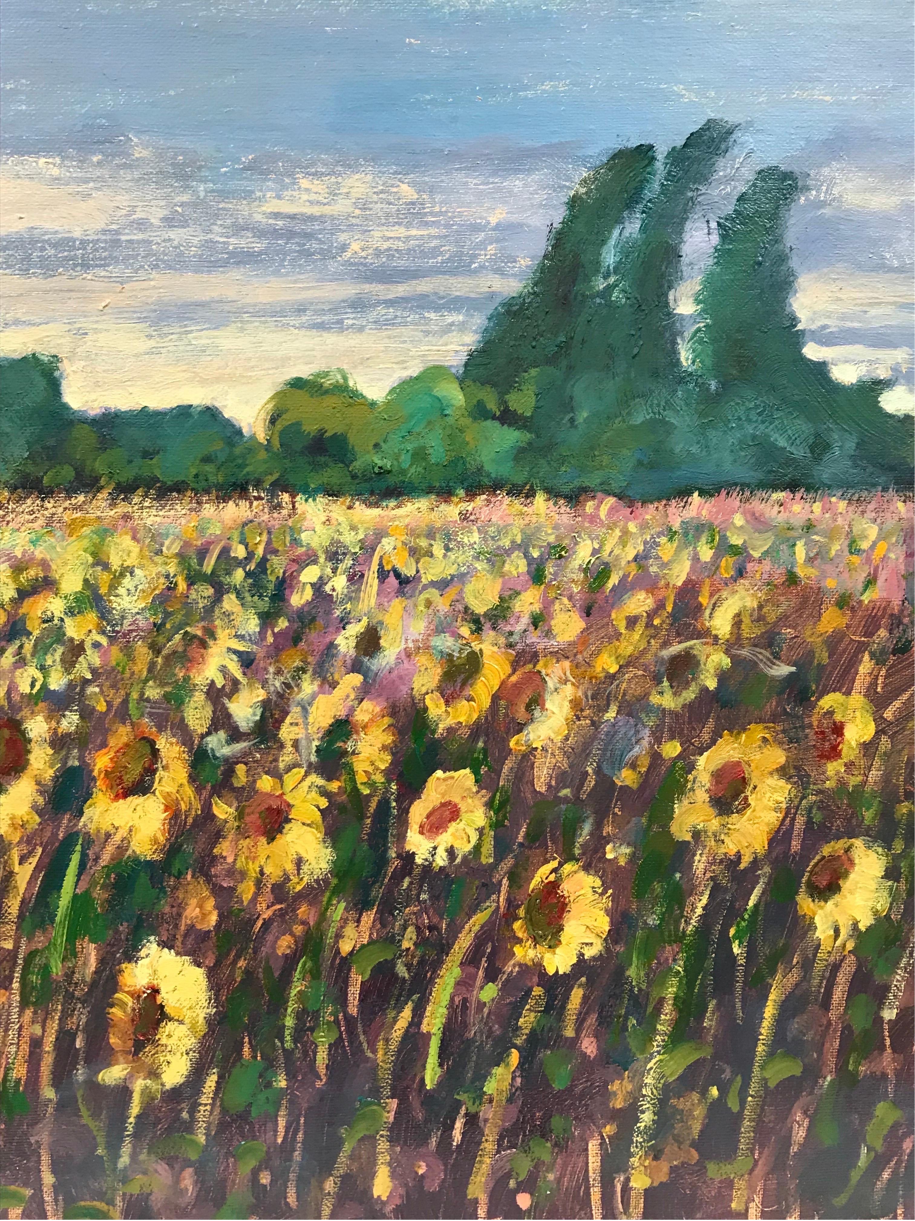 Girasoli in Provenza, dipinto a olio impressionista francese firmato - Landscape Painting Grigio di Guy Benard