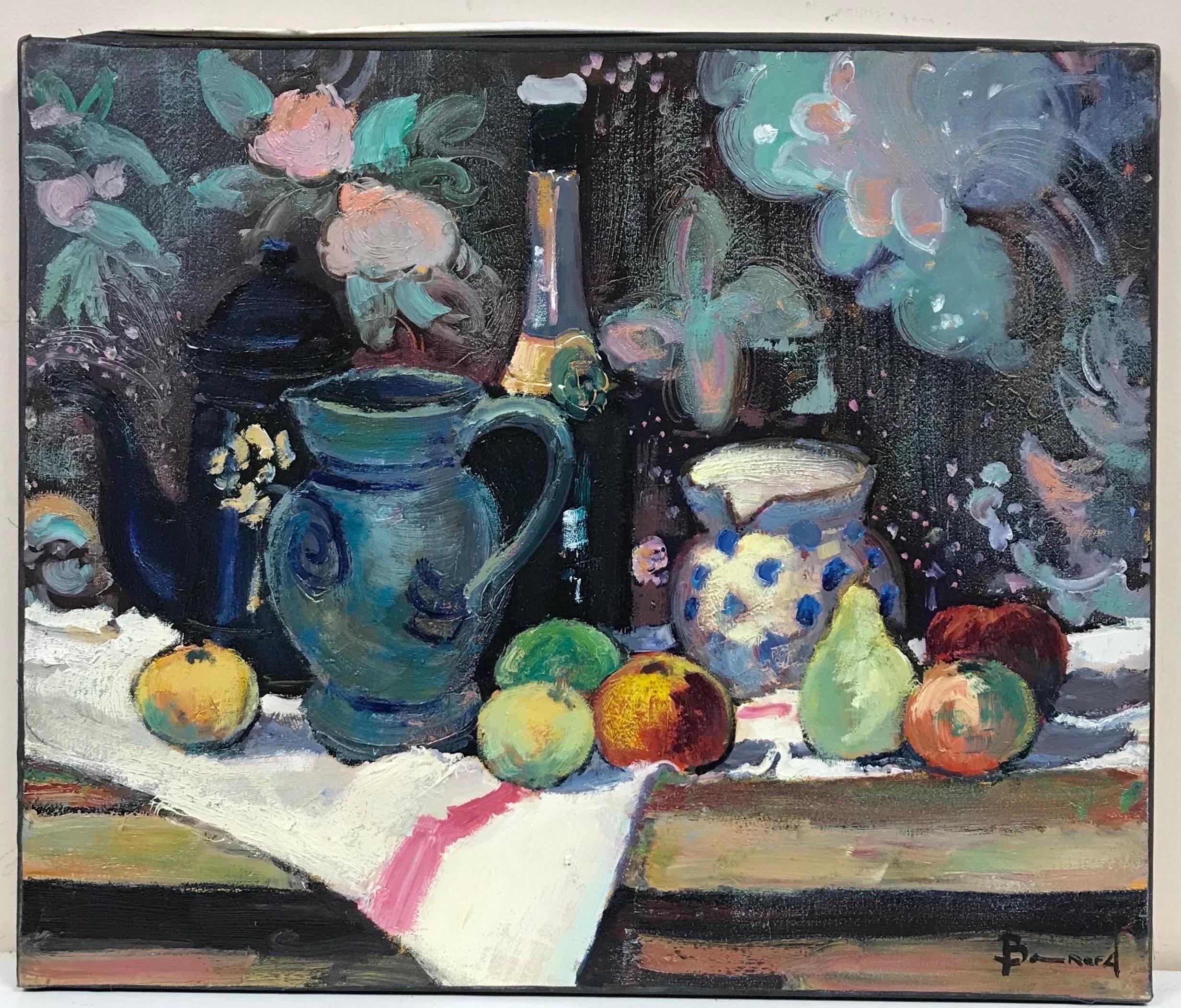 Superb French Post-Impressionist Signed Oil Still Life Fruit & Champagne - Painting by Guy Benard