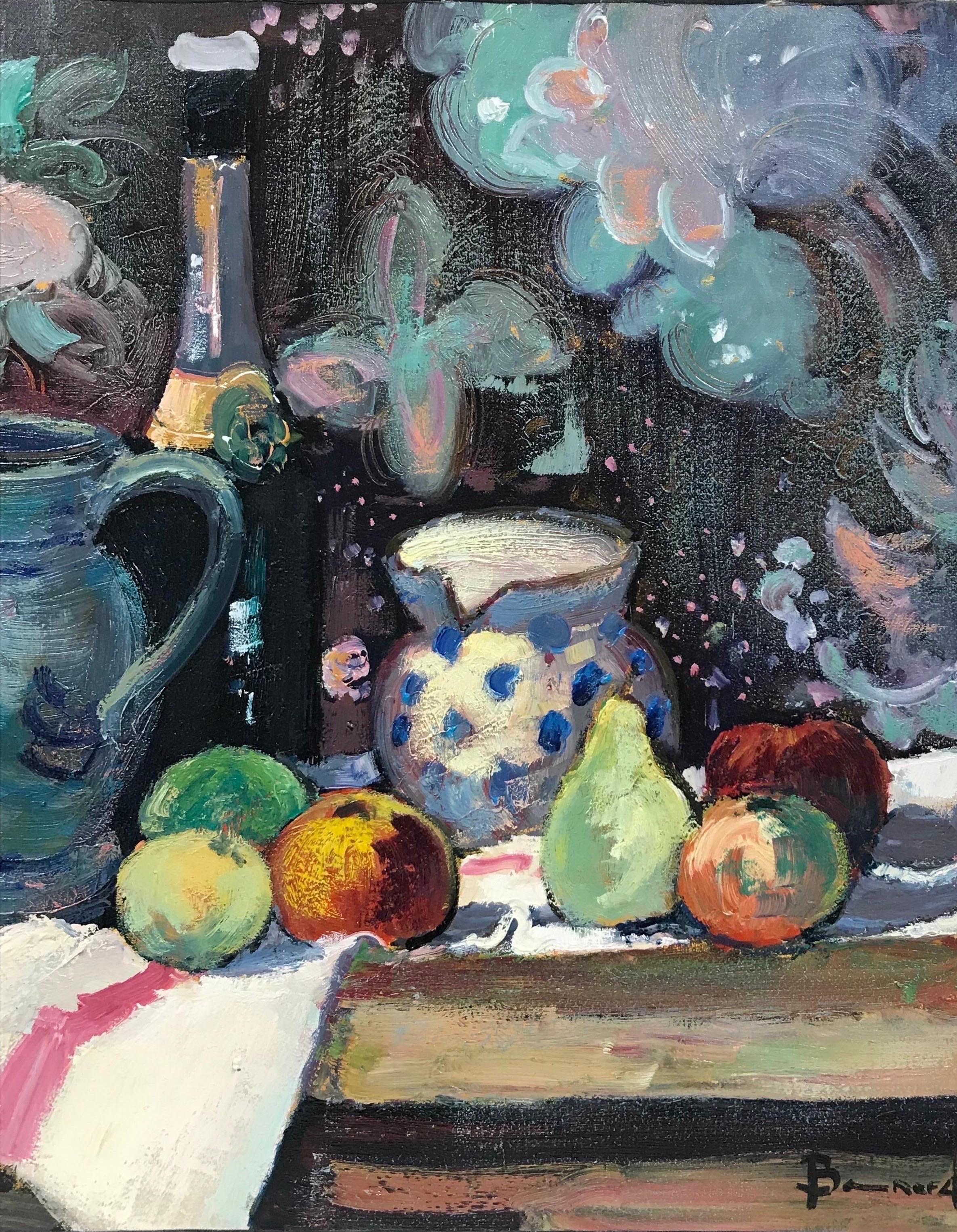 Superb Französisch Post-Impressionist signiert Öl Stillleben Obst & Champagner (Post-Impressionismus), Painting, von Guy Benard