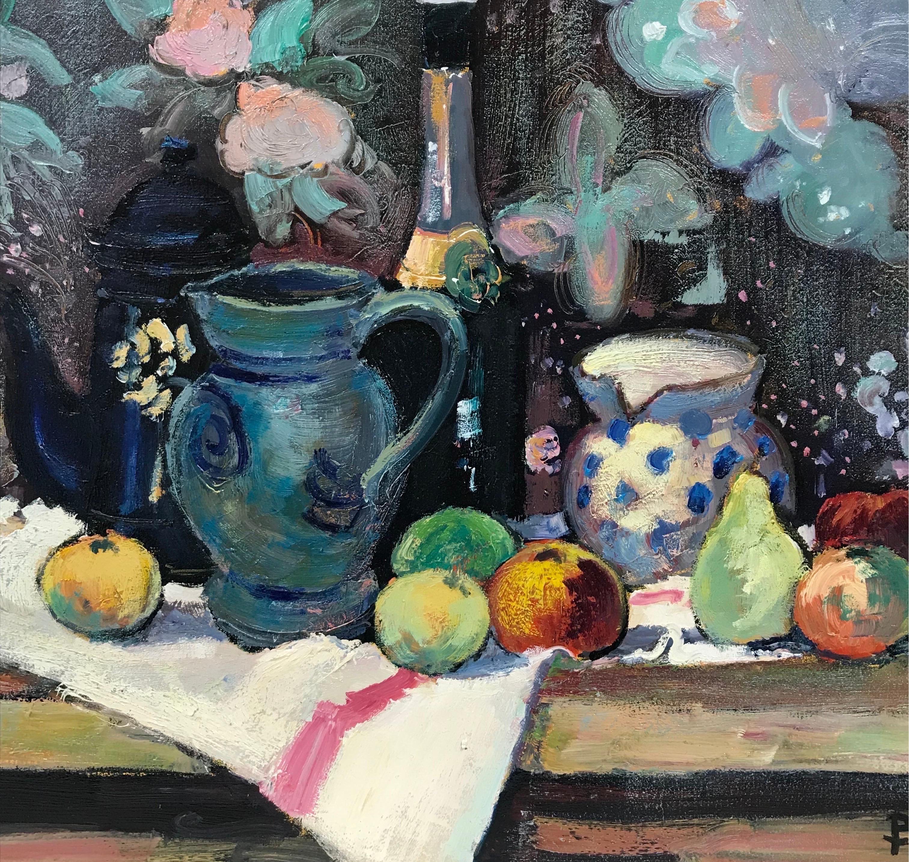 Superb Französisch Post-Impressionist signiert Öl Stillleben Obst & Champagner (Schwarz), Interior Painting, von Guy Benard