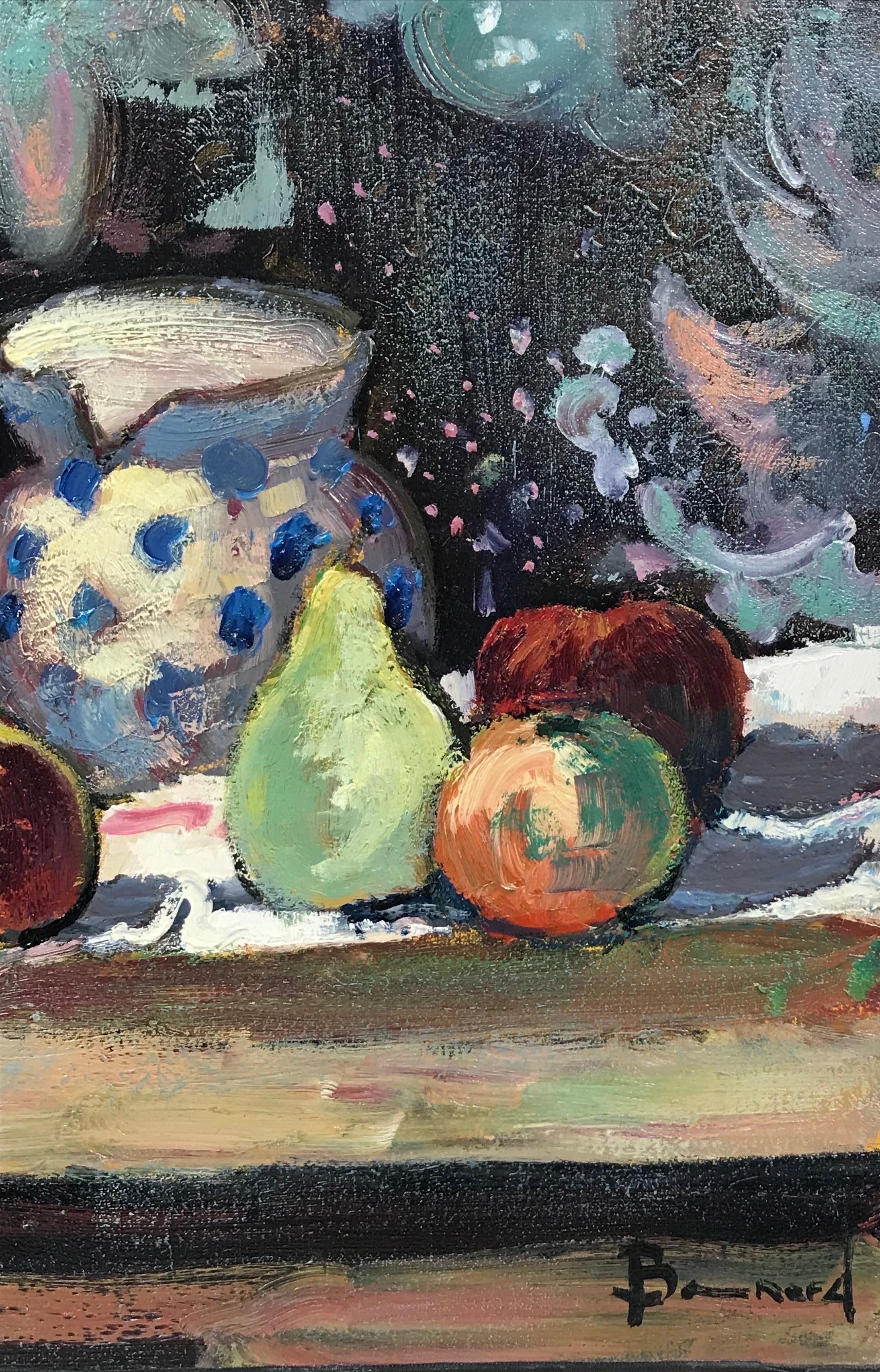 Superb French Post-Impressionist Signed Oil Still Life Fruit & Champagne - Black Interior Painting by Guy Benard