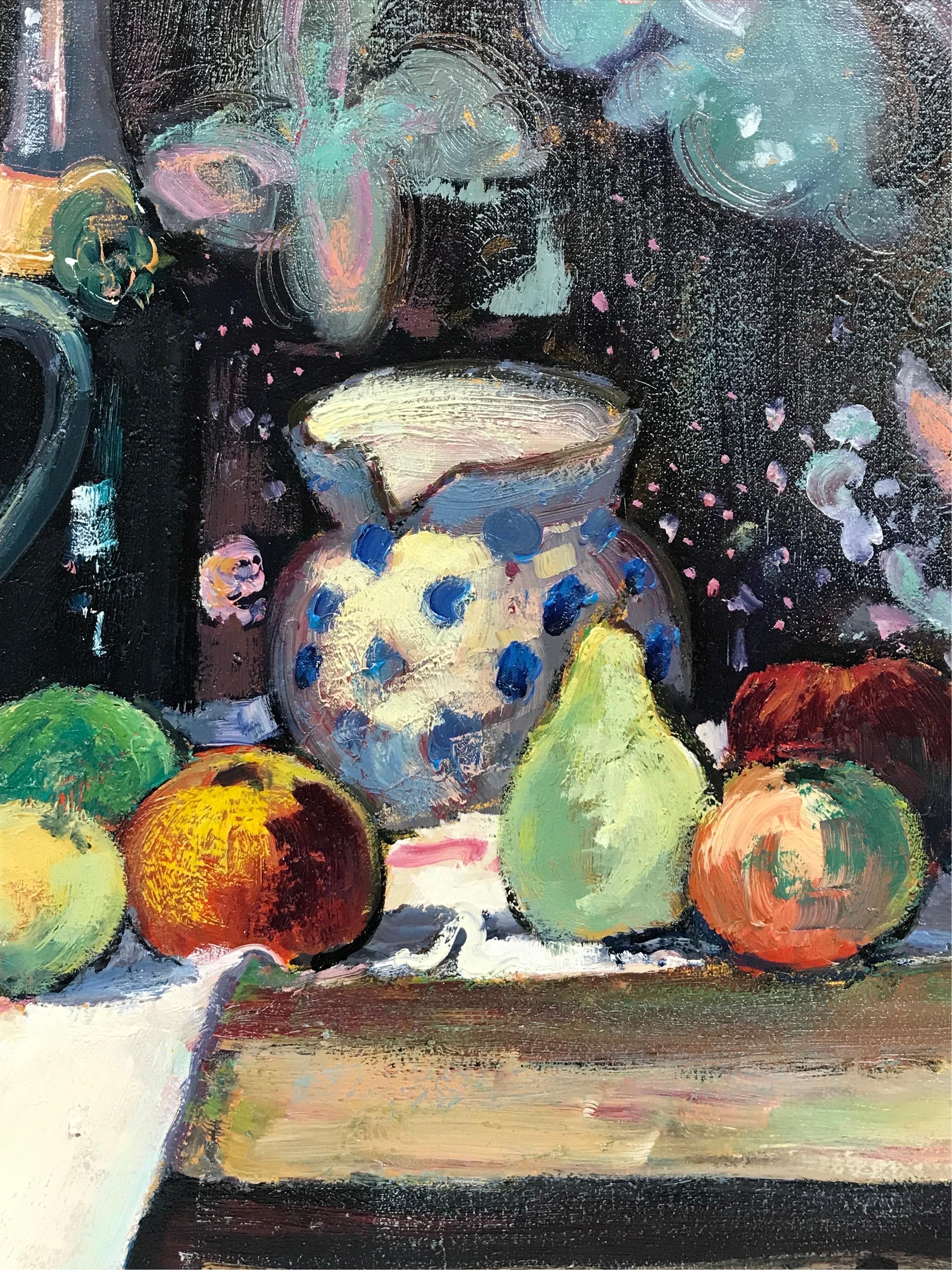 Superb Französisch Post-Impressionist signiert Öl Stillleben Obst & Champagner im Angebot 2
