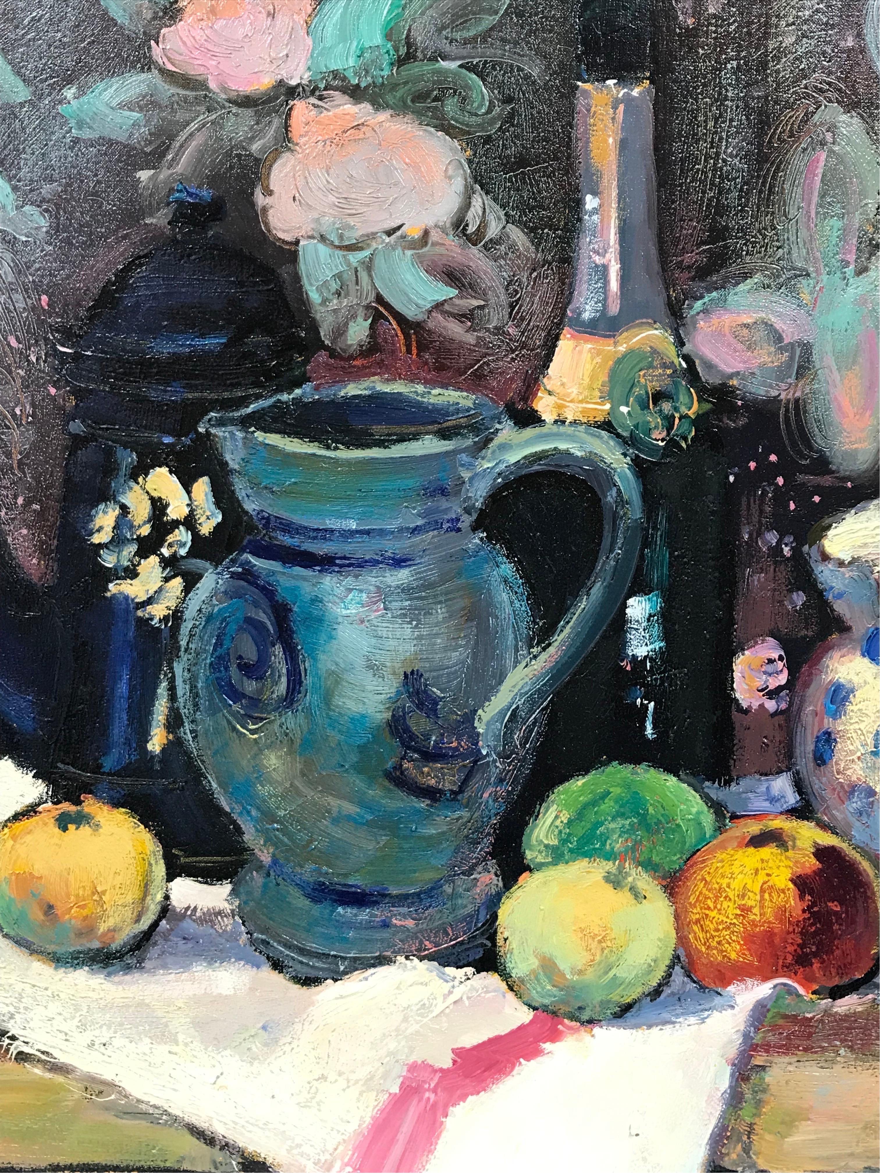 Superb Französisch Post-Impressionist signiert Öl Stillleben Obst & Champagner im Angebot 3