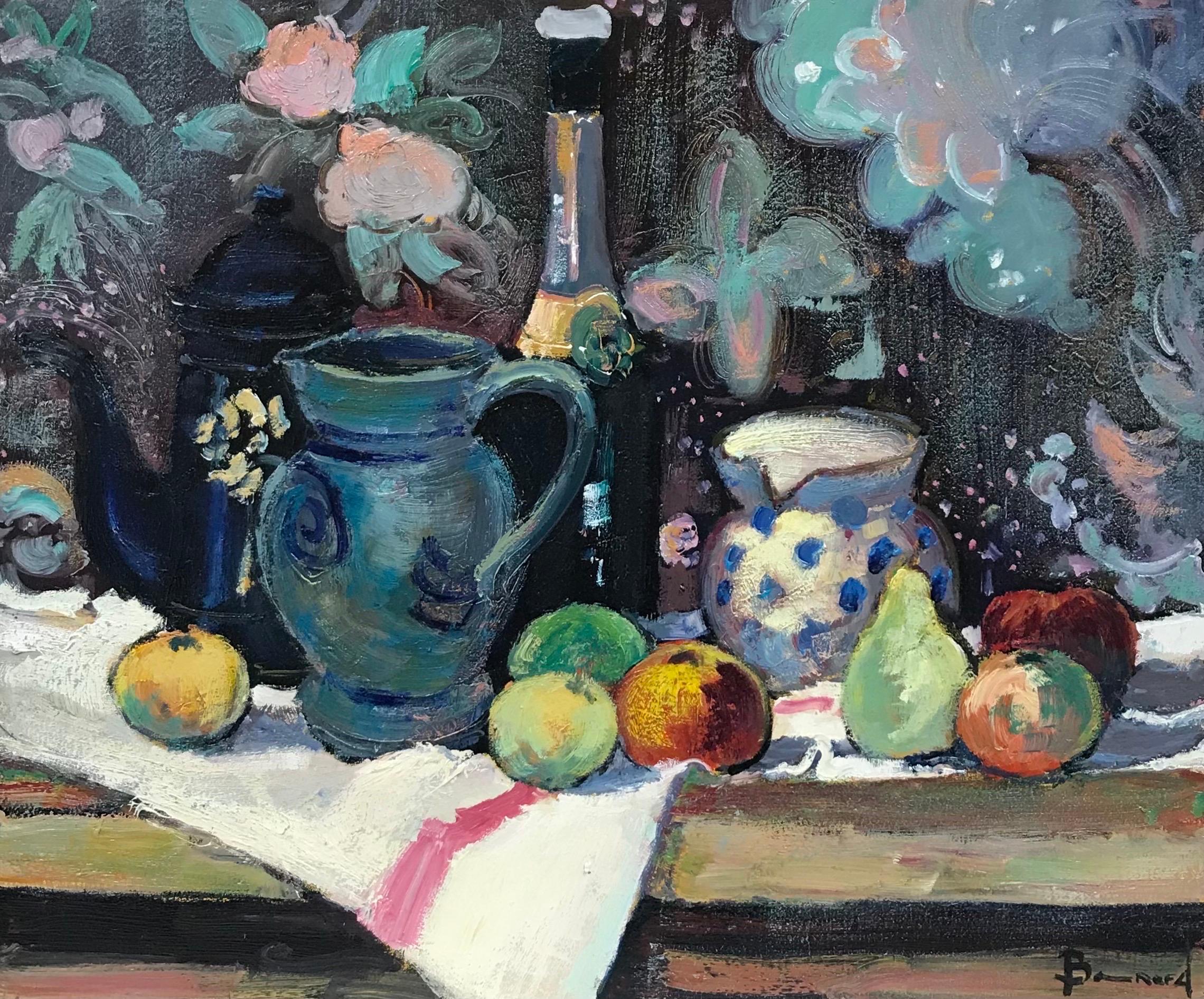 Guy Benard Interior Painting - Superb French Post-Impressionist Signed Oil Still Life Fruit & Champagne
