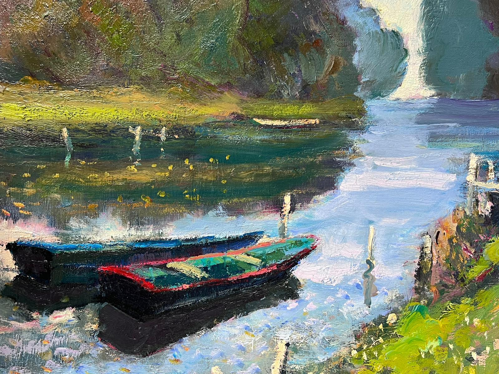 Tranquillo fiume Eure Normandia Francia Bellissimo dipinto a olio impressionista su tela - Painting di Guy Benard