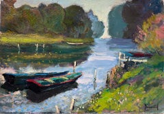 Vintage Tranquil River Eure Normandy France Beautiful Impressionist Oil Painting Canvas