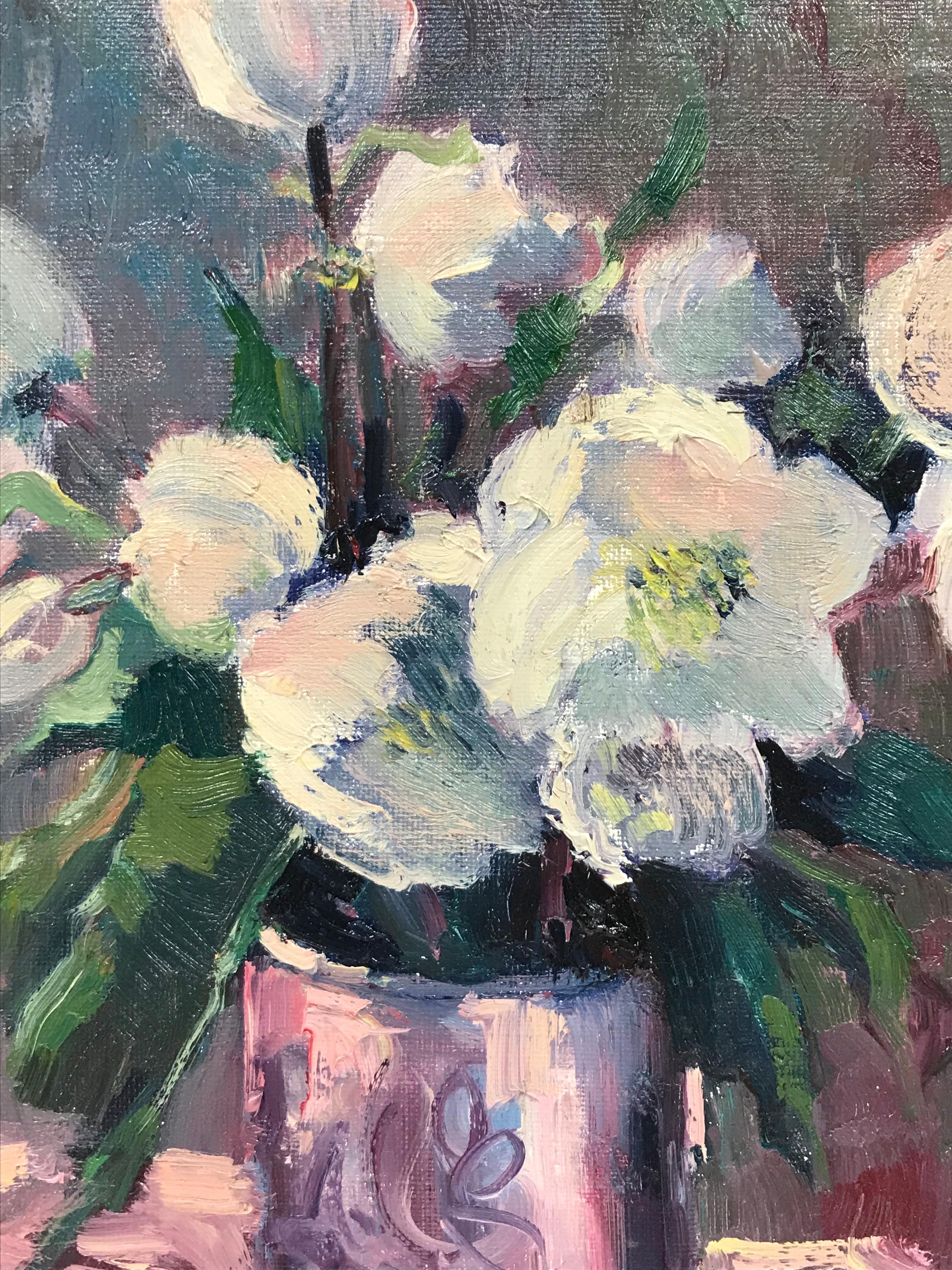 Artist/ School: Guy Benard, French b. 1928. Signed lower right, dated and signed verso 1982.

Title: White Flowers in a Vase

Medium:  oil on canvas, unframed

canvas: 13.75 x 10.5 inches

Provenance: private collection, France

Condition: The