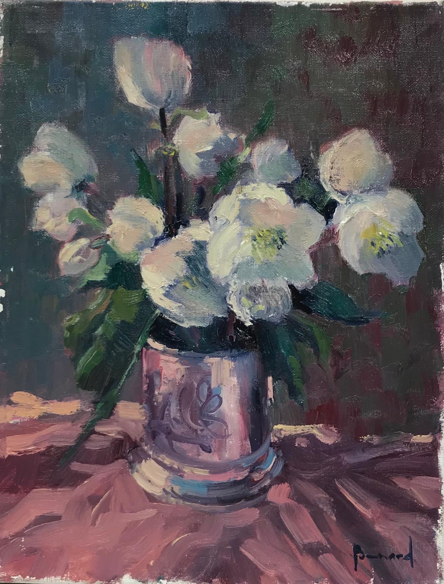 Guy Benard Interior Painting - White Flowers in Pink Vase, Signed French Impressionist Oil Painting