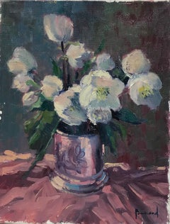 White Flowers in Pink Vase, Signed French Impressionist Oil Painting