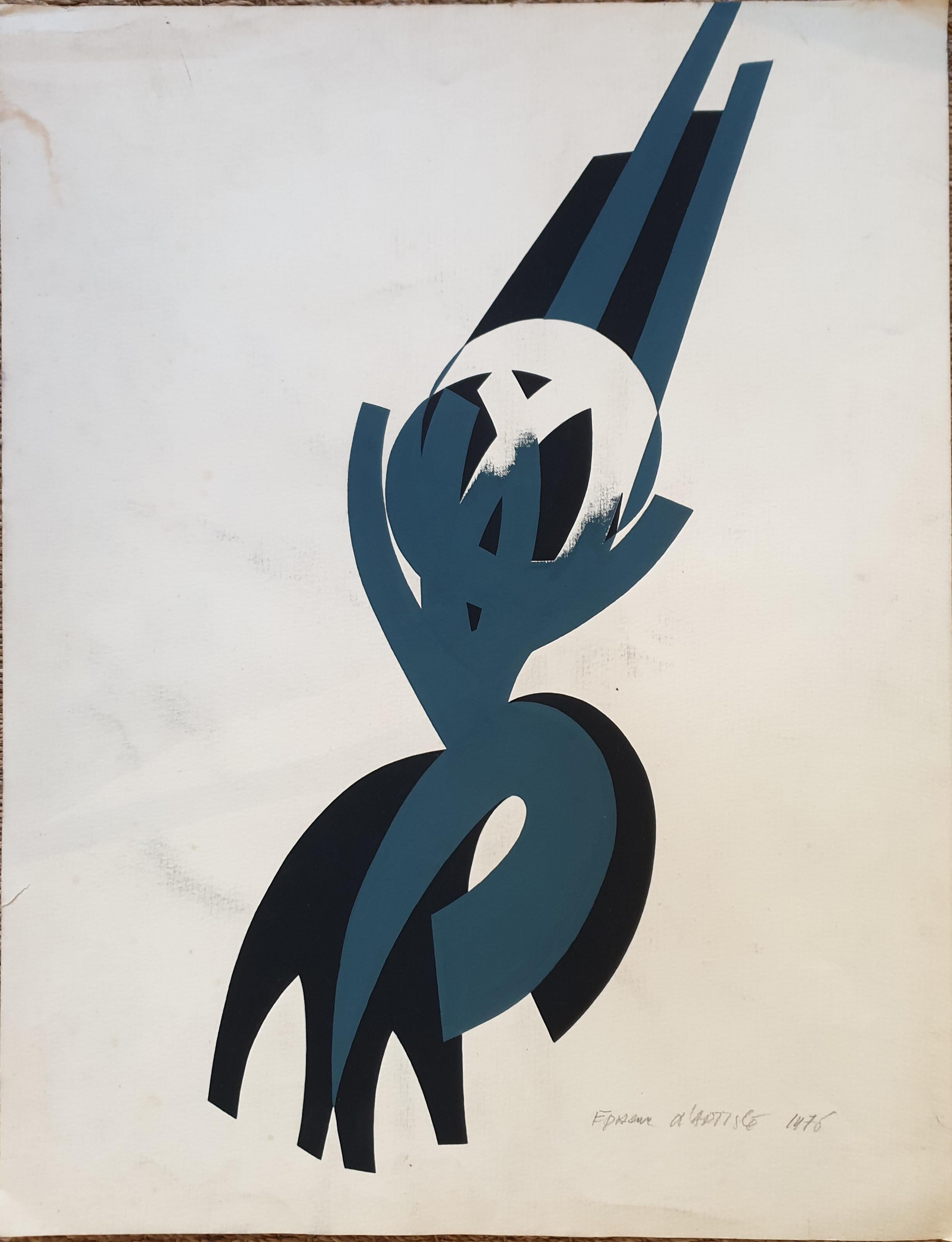 Diseño surrealista abstracto francés de mediados de siglo para una escultura. Acrílico sobre papel.