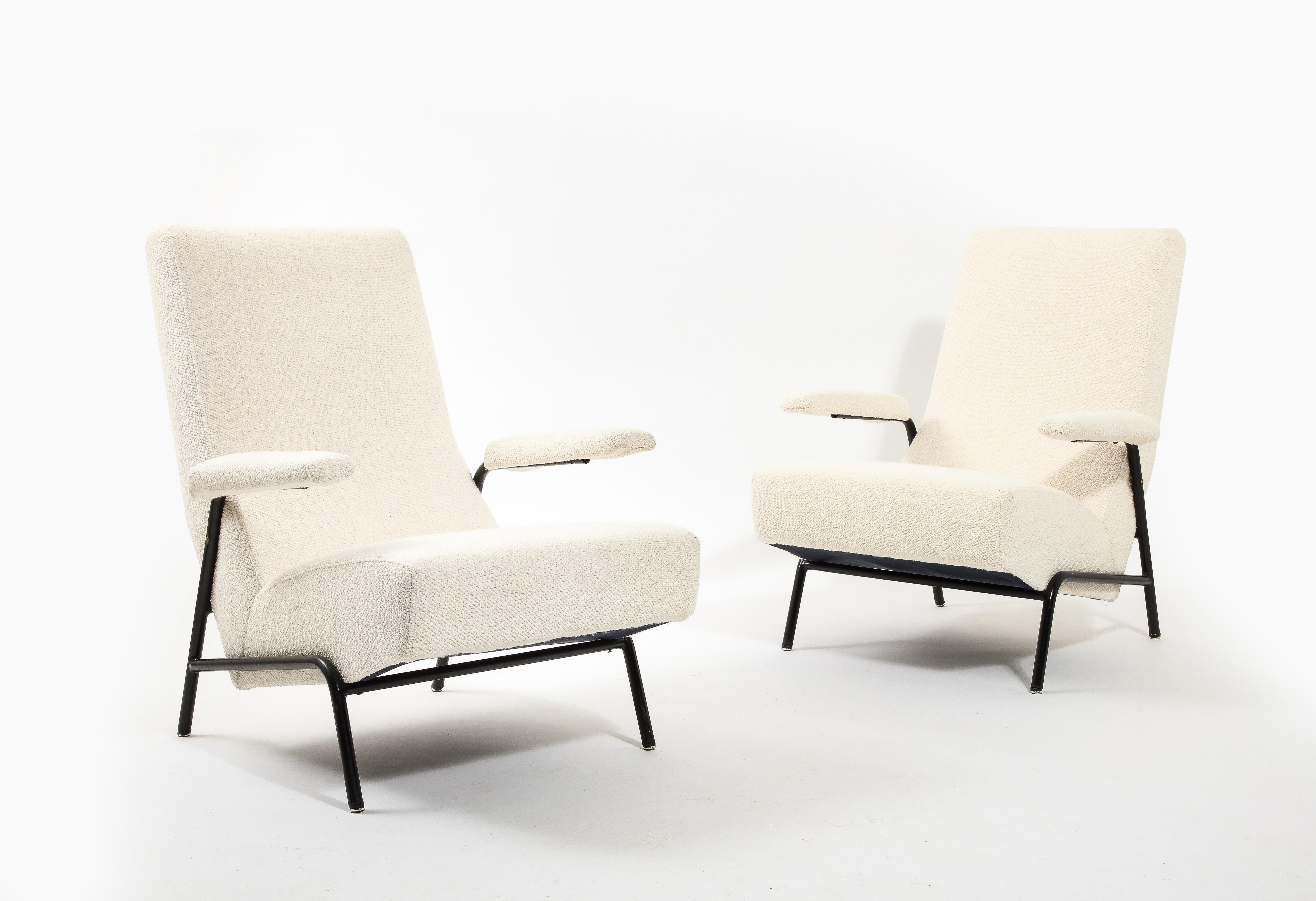Guy Besnard Pair of Metal & Boucle Armchairs, France 1950’s For Sale 8