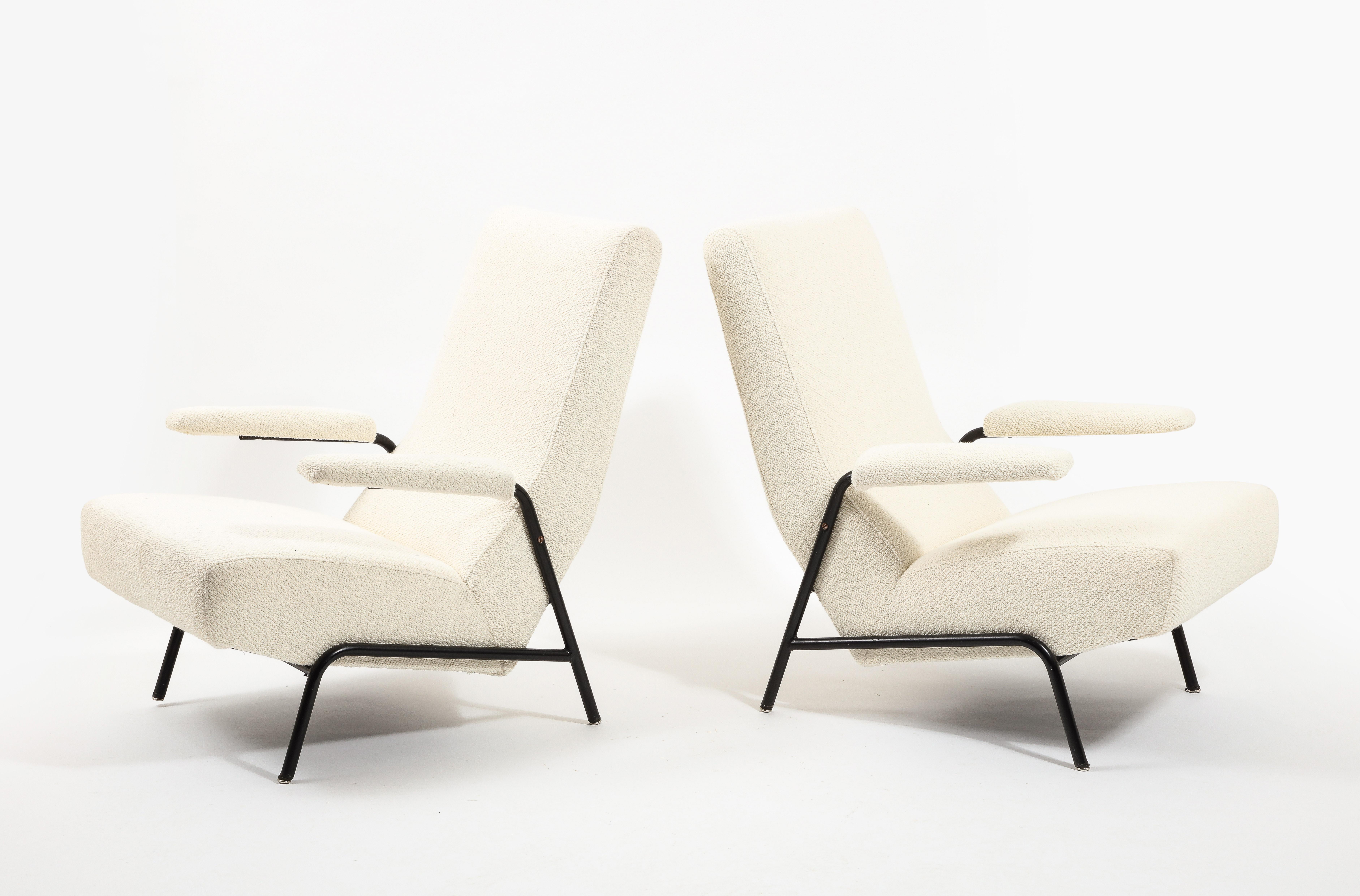 Mid-Century Modern Guy Besnard Pair of Metal & Boucle Armchairs, France 1950’s For Sale