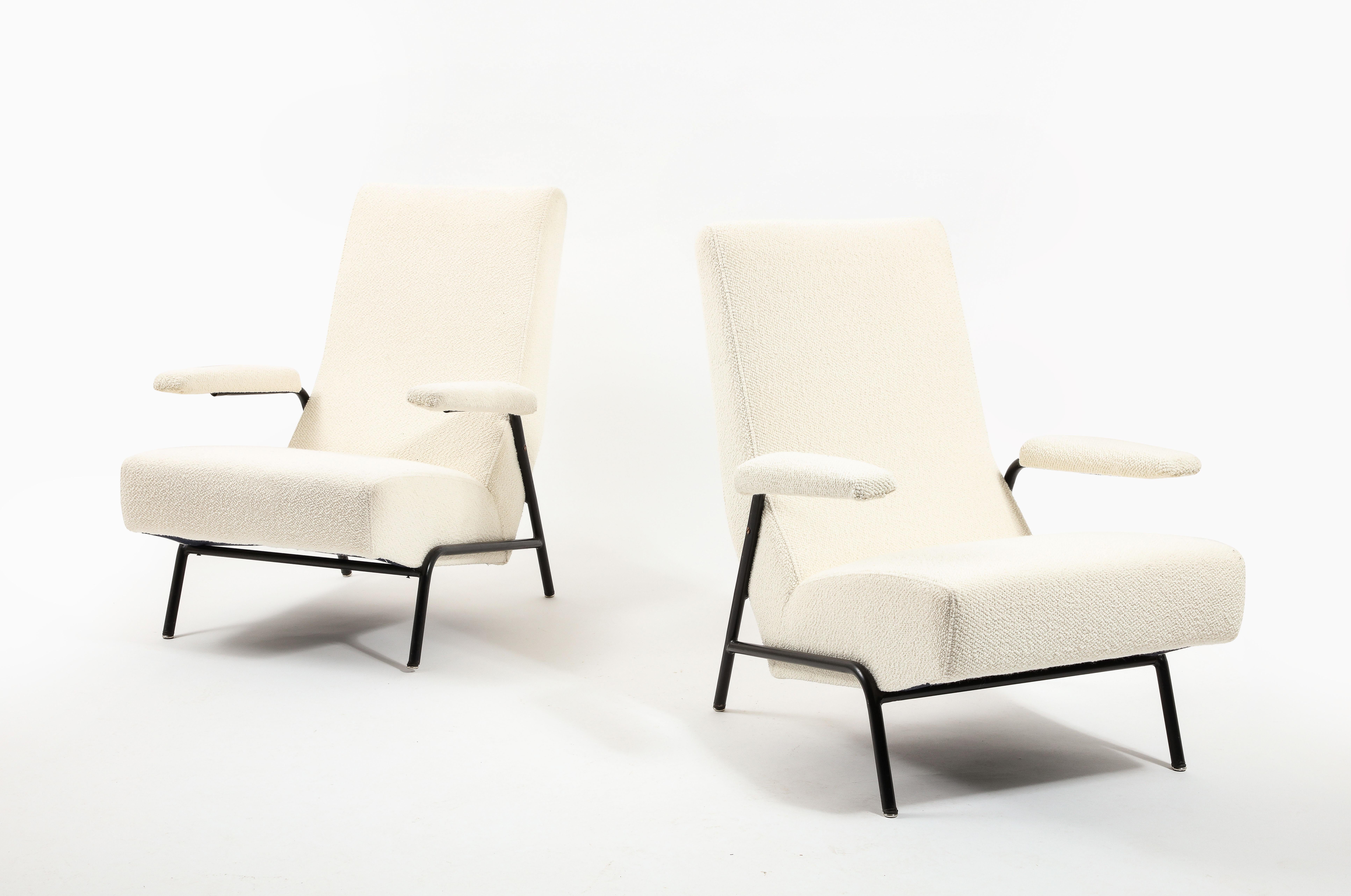 Bouclé Guy Besnard Pair of Metal & Boucle Armchairs, France 1950’s For Sale