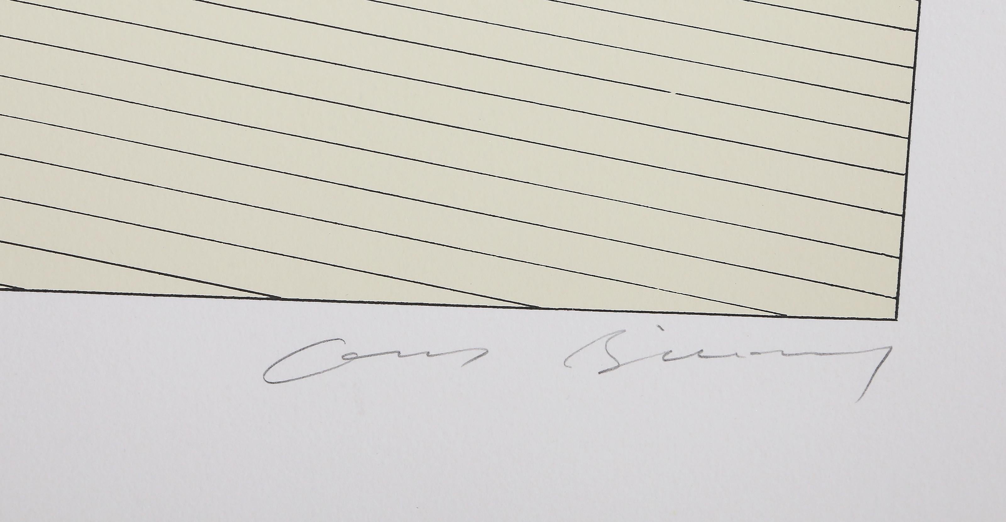 Three boys stand near a periscope on a boardwalk, one using it to peer out beyond into the vastness of the waterfall before them. The composition is simple and resembles a style that would be used in traditional Japanese ukiyo-e woodblock prints.