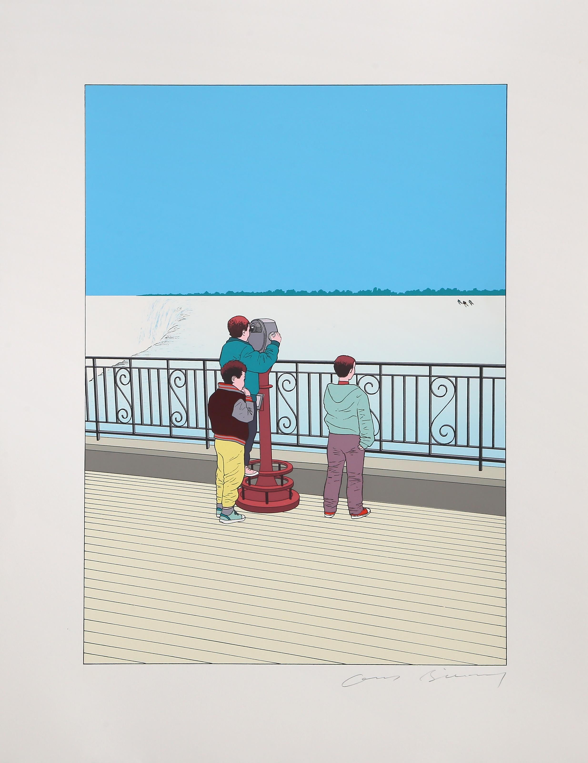 Three Children on the Ice - Folk Art Screenprint by Guy Billout