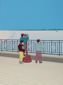 Three Children on the Ice - Screenprint by Guy Billout