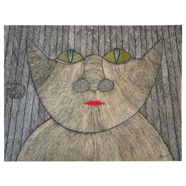 Guy Bourdin, Cat Drawing, Ink and Gouache on Paper, 1955