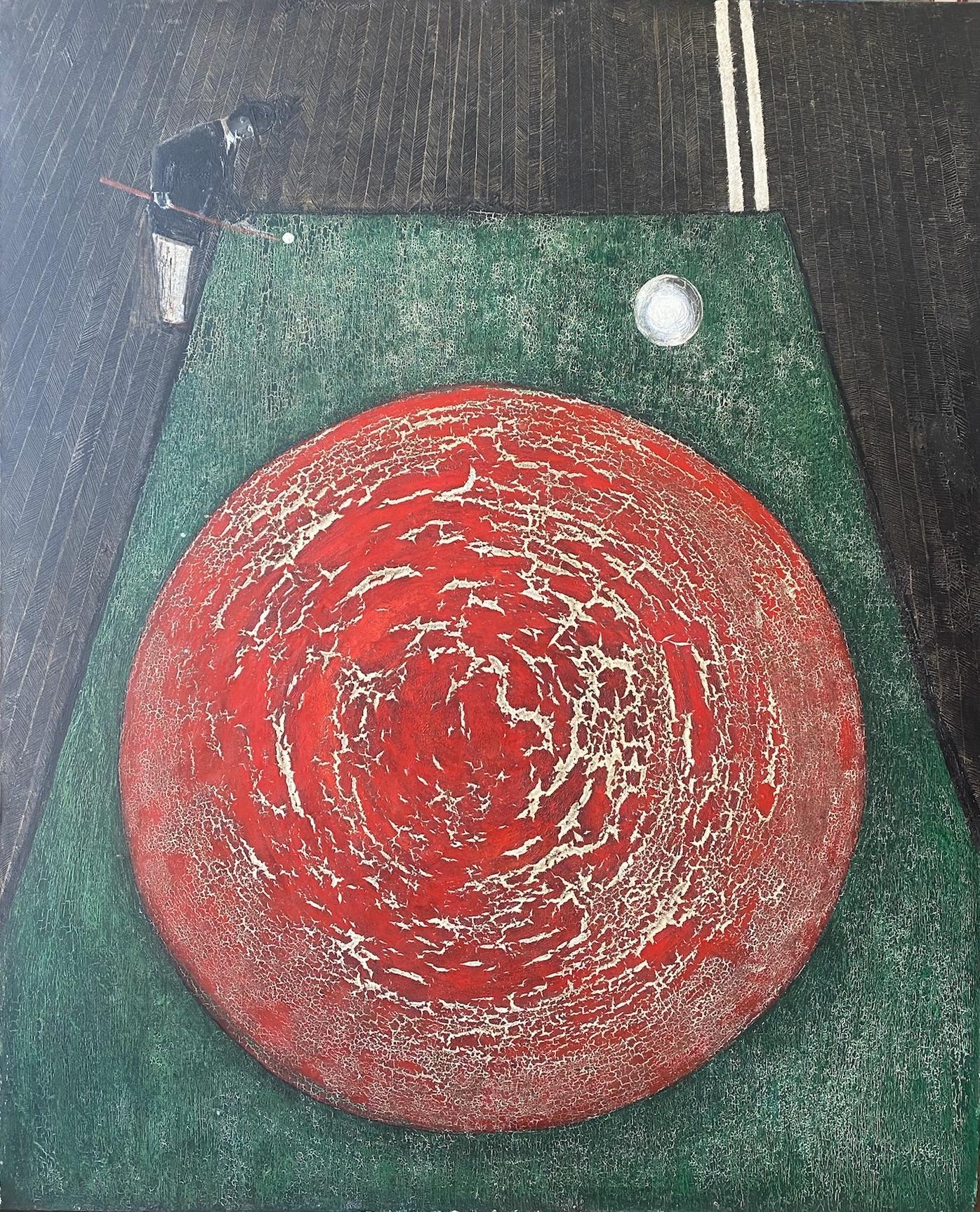 Surrealista Carom Billards grande e audace olio di giochi astratti della metà del secolo moderno