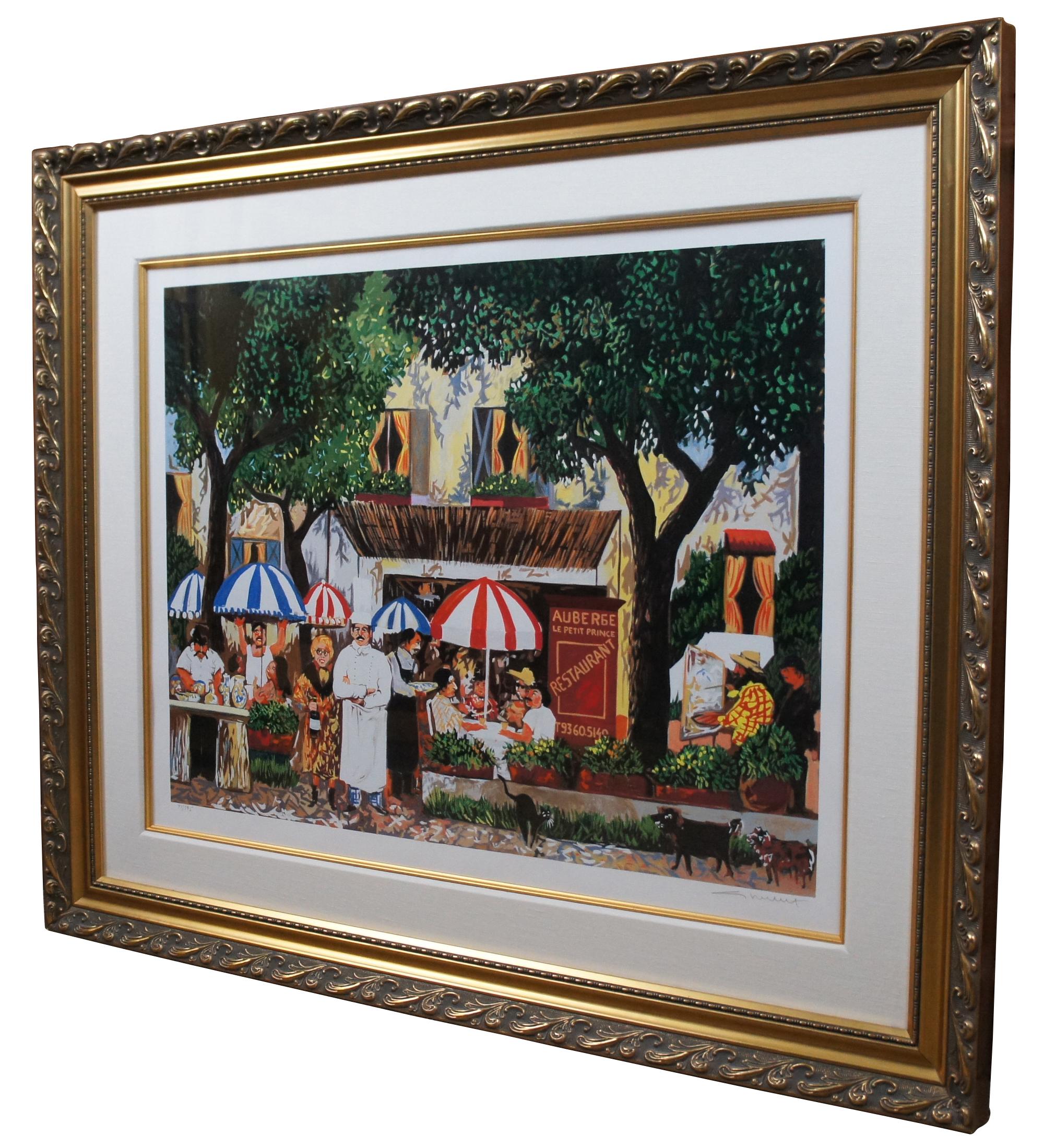 Pencil signed and numbered 77/595 guy buffet serigraph print titled Le Petit Prince, depicting a street scene cityscape of a French restaurant named Cafe Auberge.

Measures: Sans frame 32” x 24”, 43