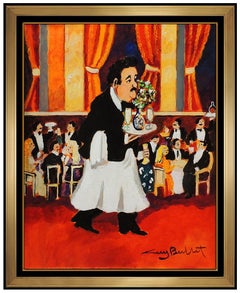 Guy Buffet - Peinture acrylique originale sur toile signée  Waiter Portrait Male Art 