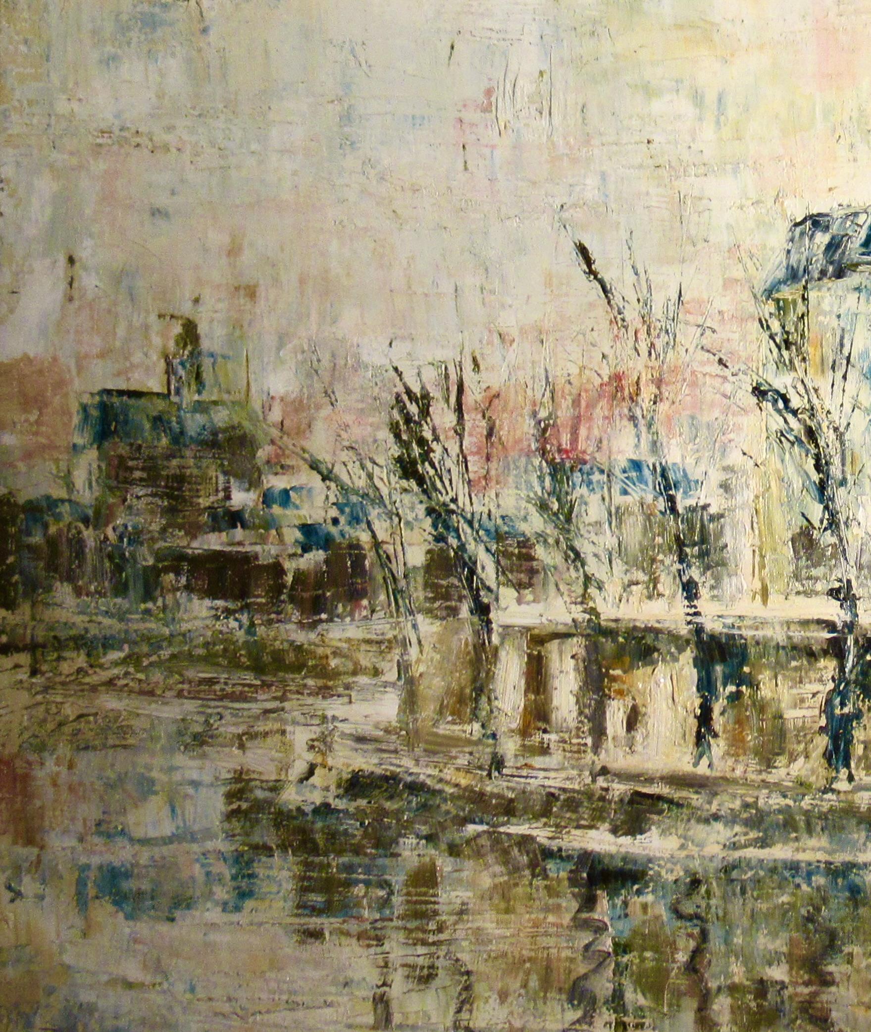 Les Quais de la Seine con Notre Dame, París. - Landscape Painting Negro de Guy Buffet