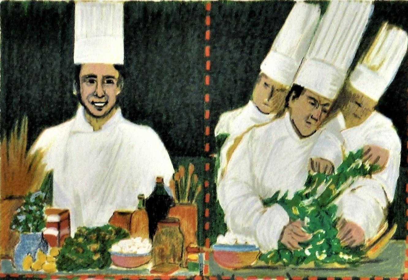 Salade Caesar avec Croutons Parmesan, chef Michel Richard de Citrus et deux autres. - Beige Figurative Print par Guy Buffet