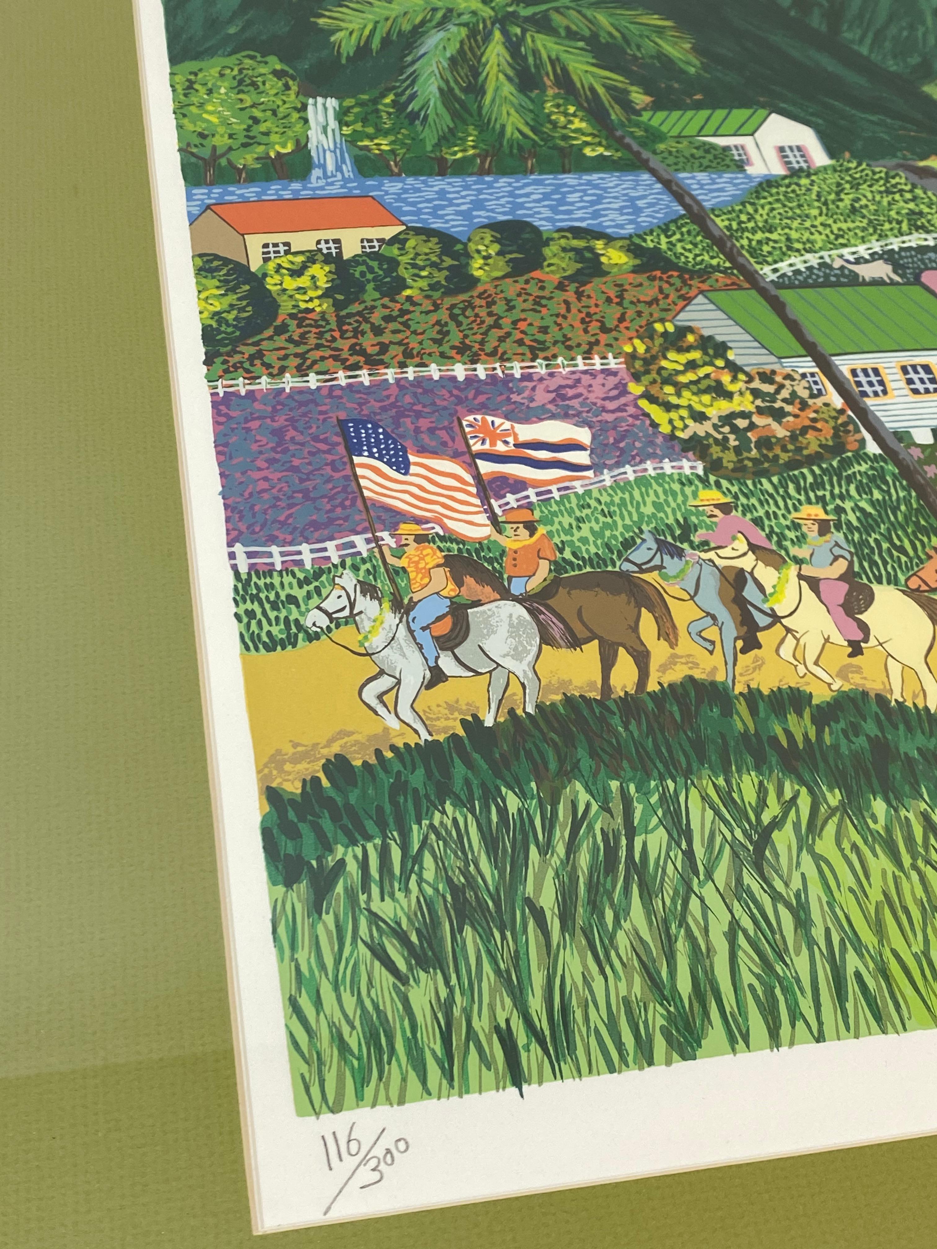 Guy Buffet Limited Edition Hawaii Lithograph C.1990s

Bright, colorful and whimsical lithograph by listed artist Guy Buffet

A procession of horses through a Hawaiian village landsacape

Dimensions 32
