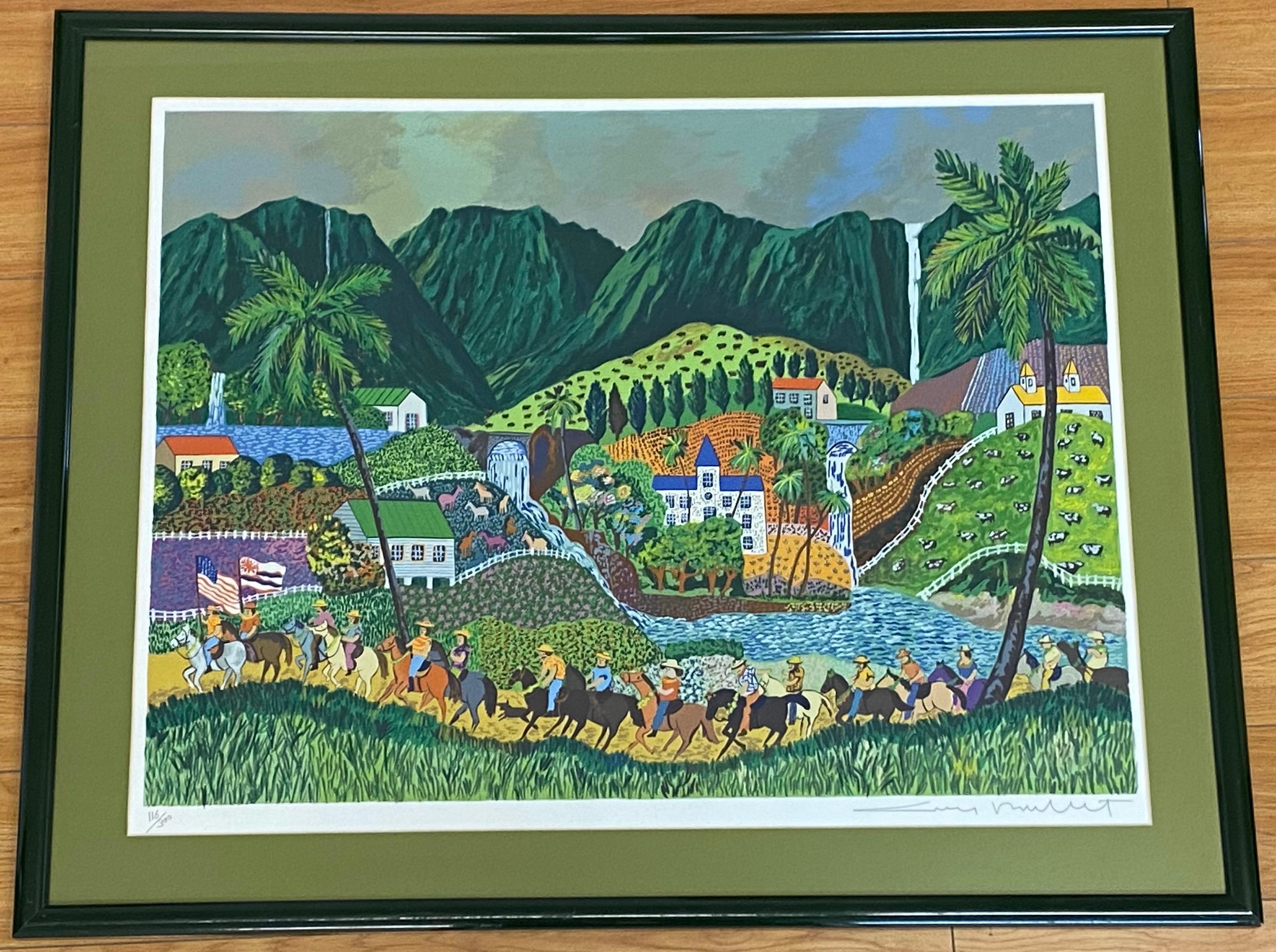 Guy Buffet, lithographie hawaïenne en édition limitée, années 1990

Lithographie lumineuse, colorée et fantaisiste de l'artiste Guy Buffet.

Une procession de chevaux dans le paysage d'un village hawaïen

Dimensions 32" de large x 24" de haut

Le