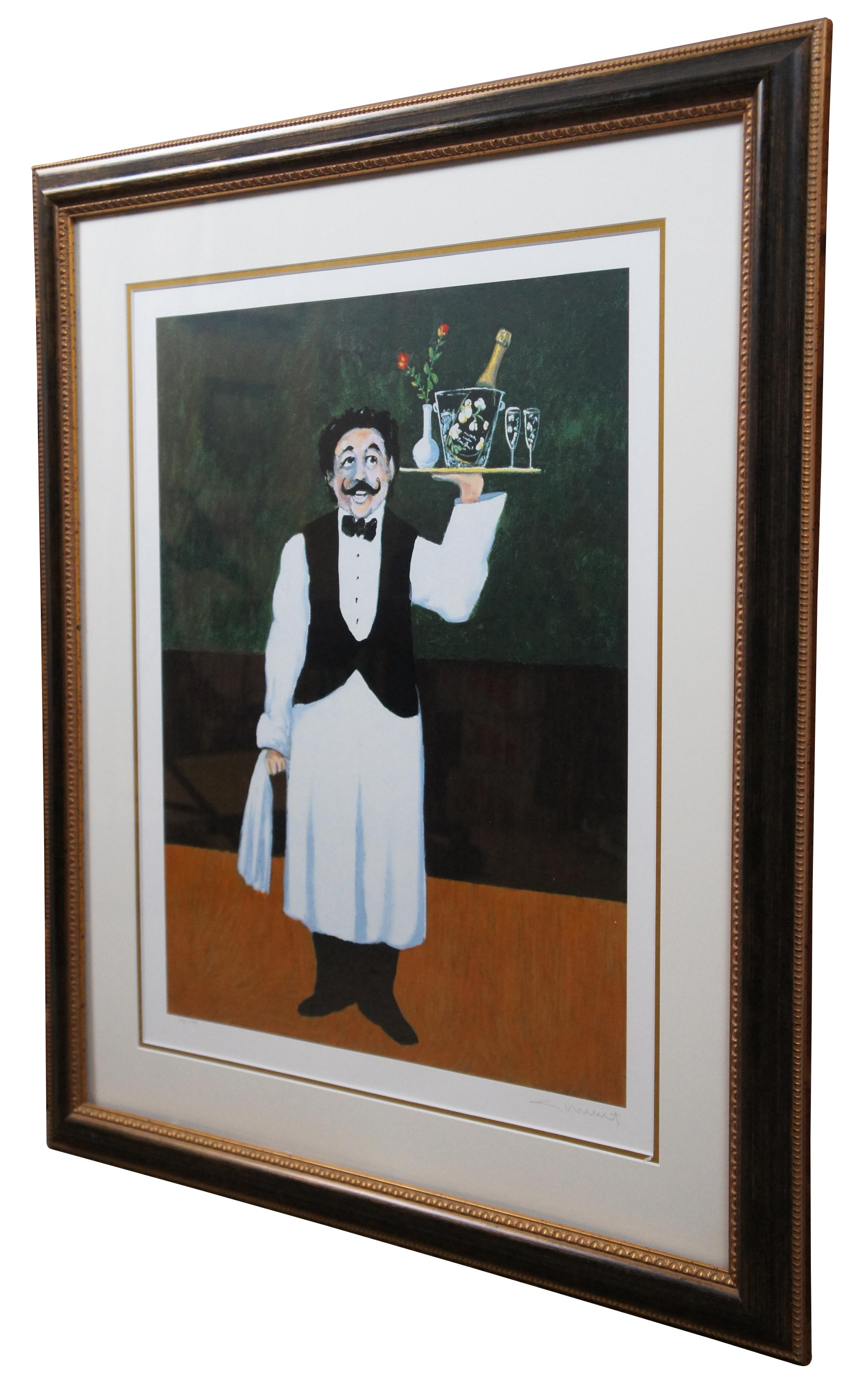 Pencil signed and numbered 340/595 lithograph print of a French waiter carrying a tray with iced Champagne and a vase of flowers.

Measure: Sans frame - 21” x 27”.
