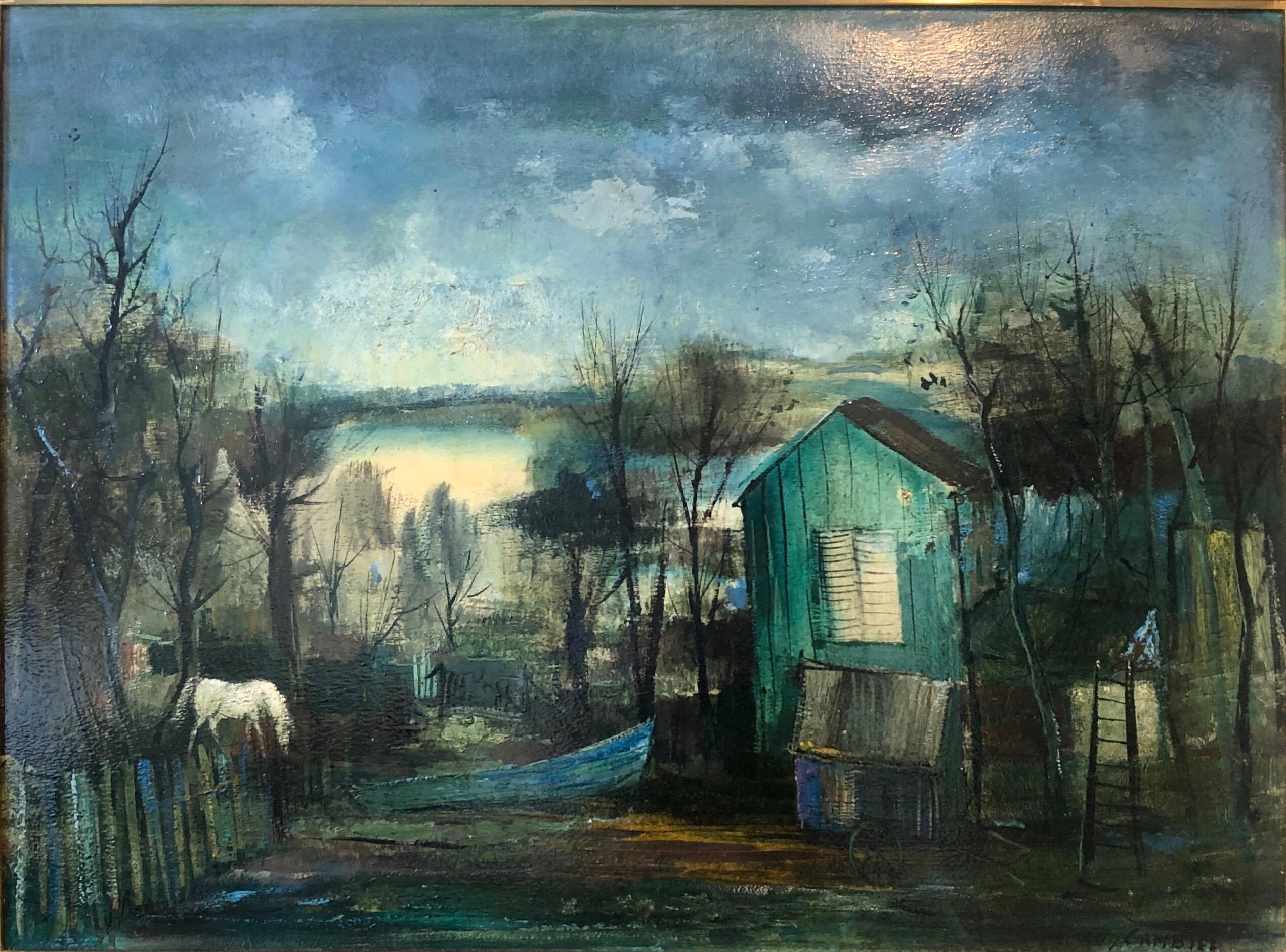 Fishing Shack, Schule von Paris Barbizon, Ölgemälde Nachtzeit-Landschaft, Pferd – Painting von Guy Cambier