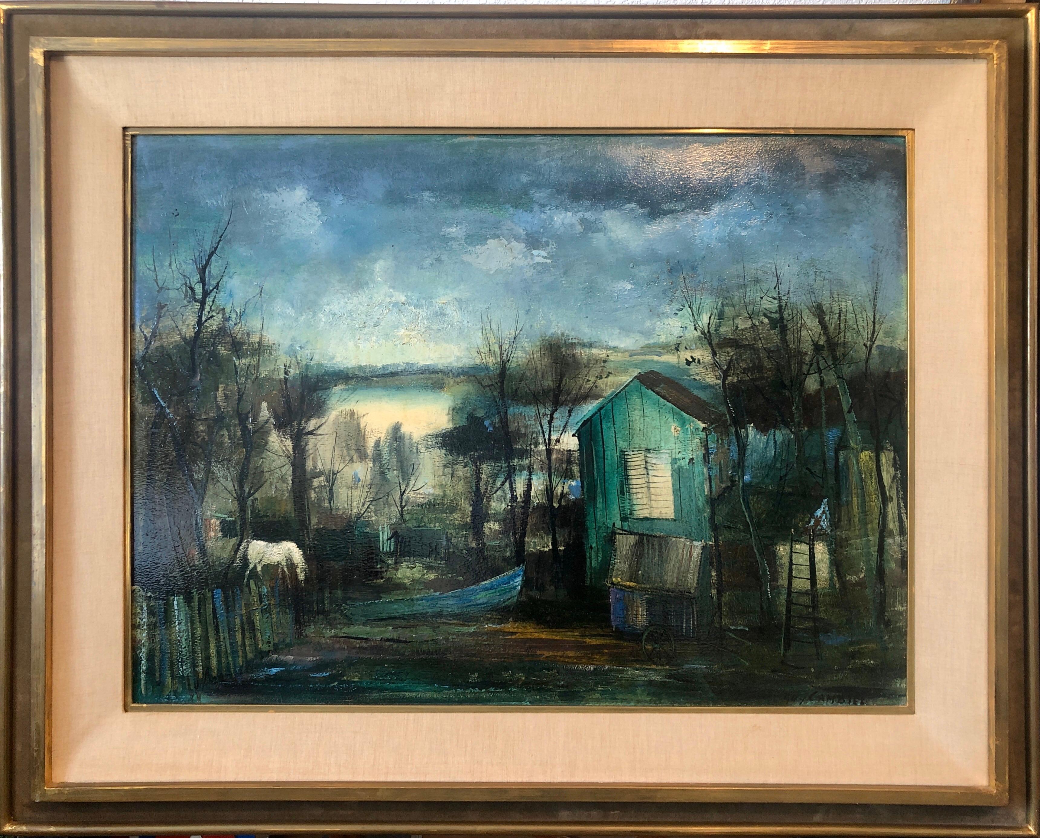 Fishing Shack, Schule von Paris Barbizon, Ölgemälde Nachtzeit-Landschaft, Pferd (Moderne), Painting, von Guy Cambier