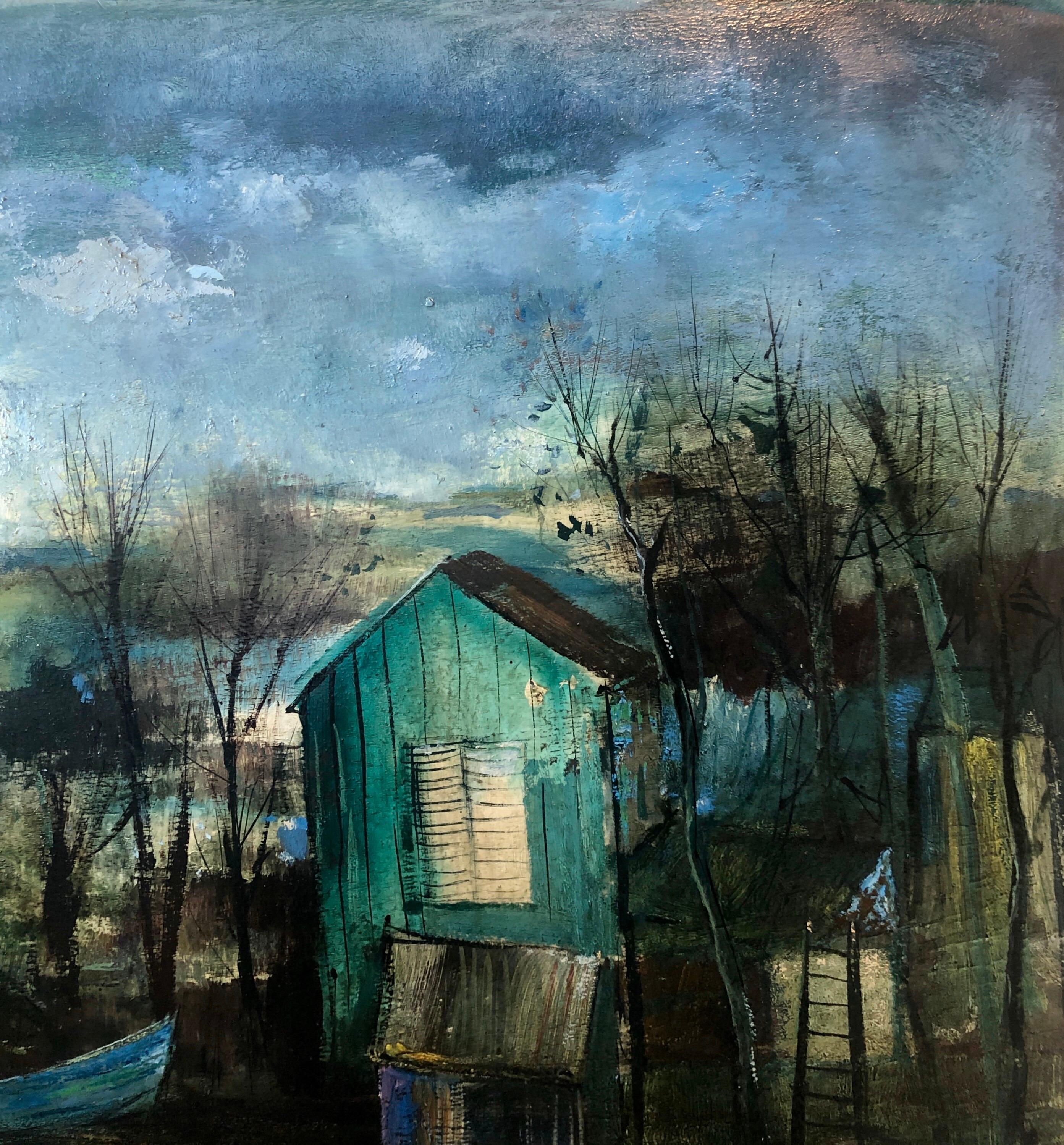 Cabaña de pescadores, Pintura al óleo Escuela de París Barbizon Paisaje nocturno, Caballo - Landscape Painting Gris de Guy Cambier