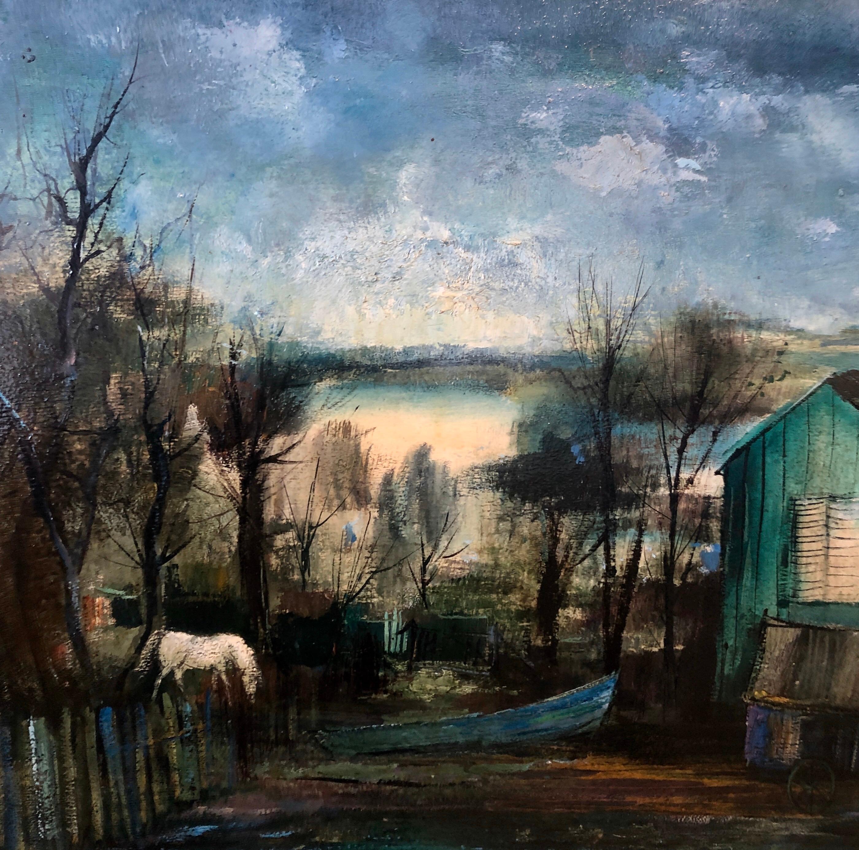 Fishing Shack, School of Paris Barbizon Oil Painting Night Time Landscape, Horse - Gray Landscape Painting by Guy Cambier