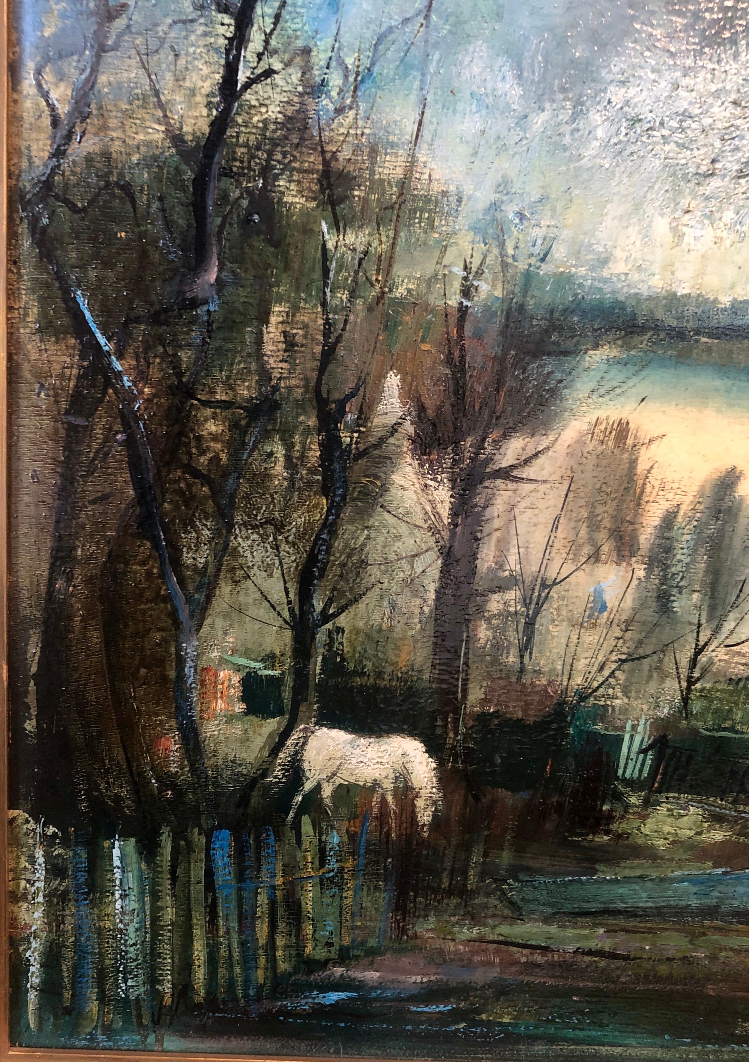 Cabaña de pescadores, Pintura al óleo Escuela de París Barbizon Paisaje nocturno, Caballo en venta 1