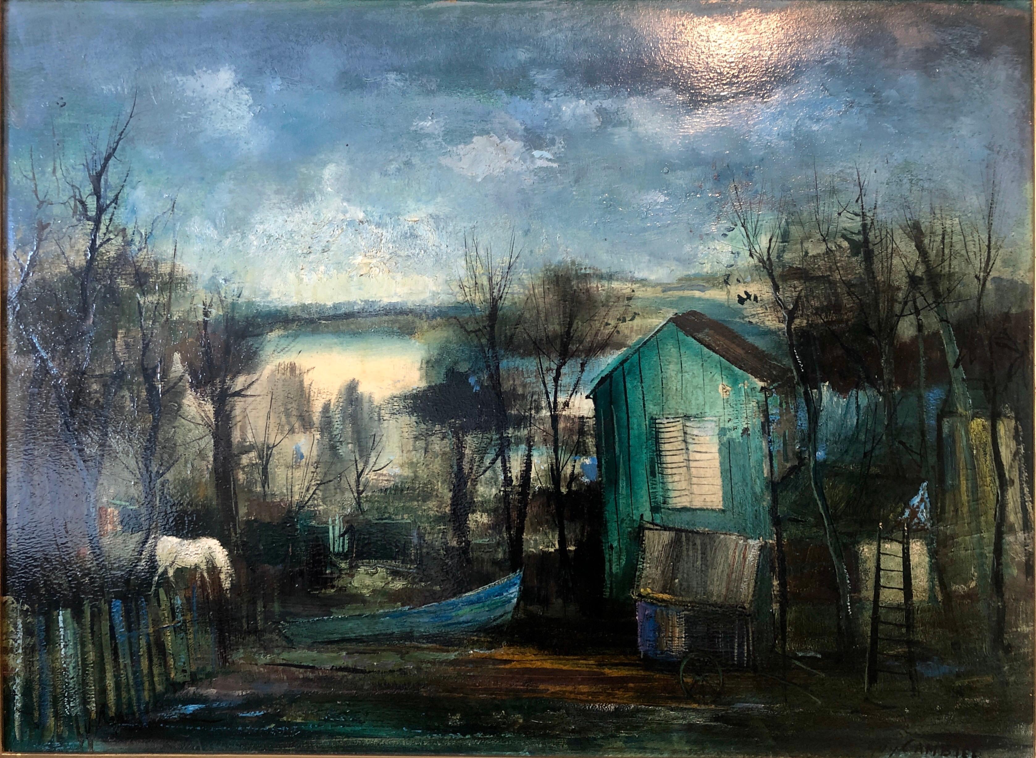 Cabaña de pescadores, Pintura al óleo Escuela de París Barbizon Paisaje nocturno, Caballo en venta 3