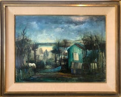 Peinture à l'huile de Barbizon, École de Paris, paysage nocturne, cheval