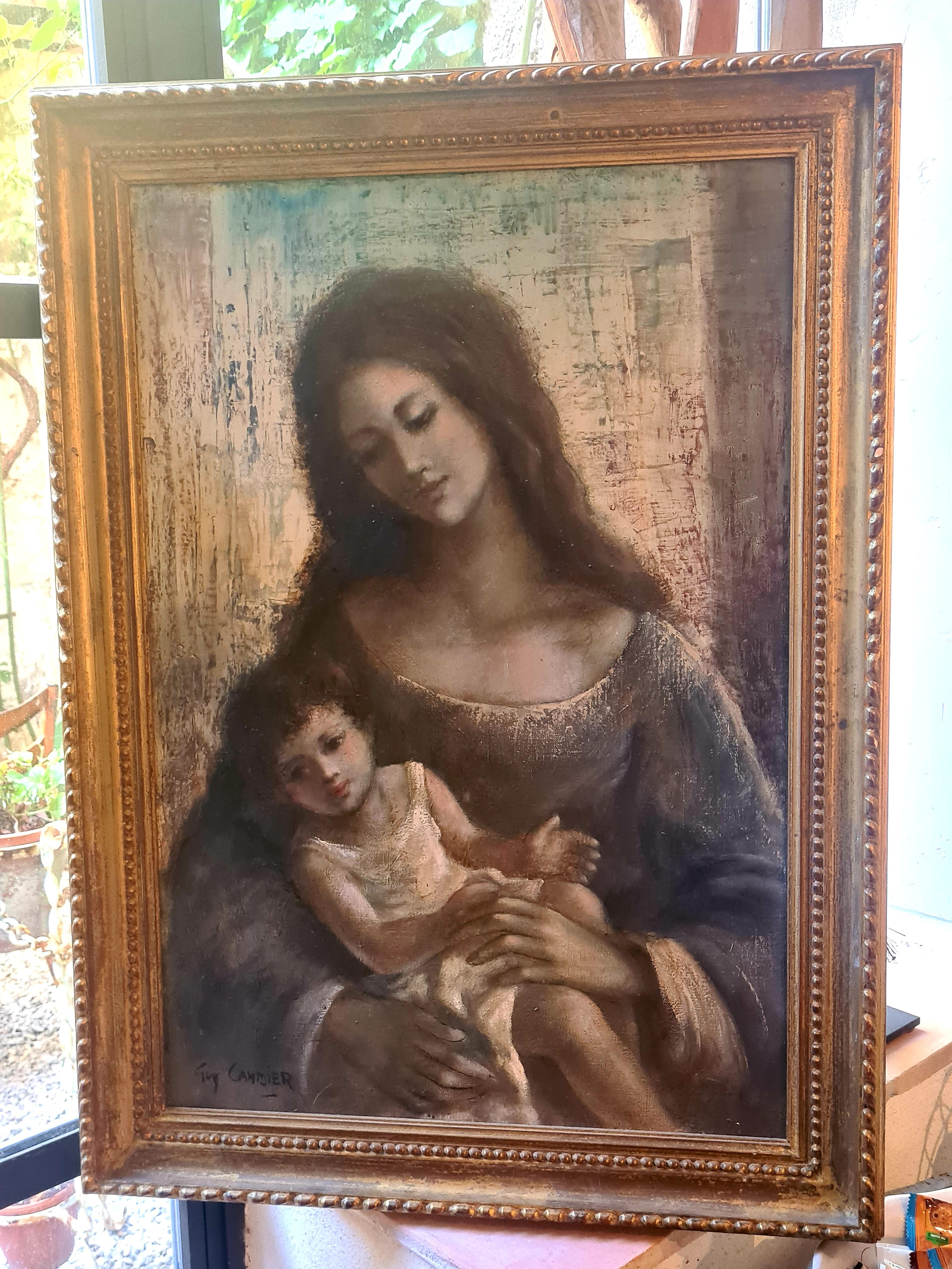 Mère et Child, Ecole de Paris, grande huile sur toile - Painting de Guy Cambier