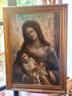 Mother and Child, Ecole de Paris, Large Oil on Canvas