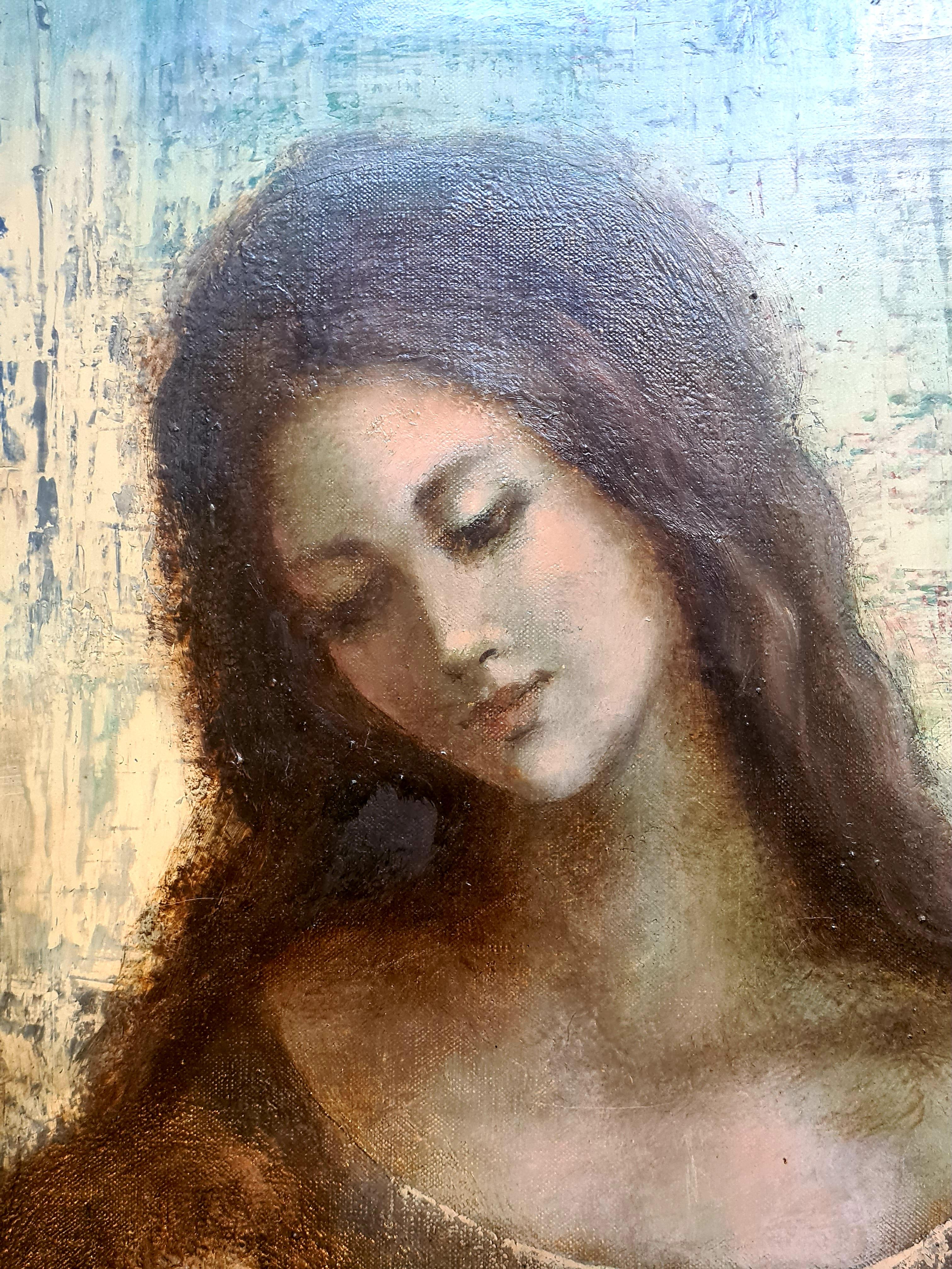 Mère et Child, Ecole de Paris, grande huile sur toile - Marron Portrait Painting par Guy Cambier