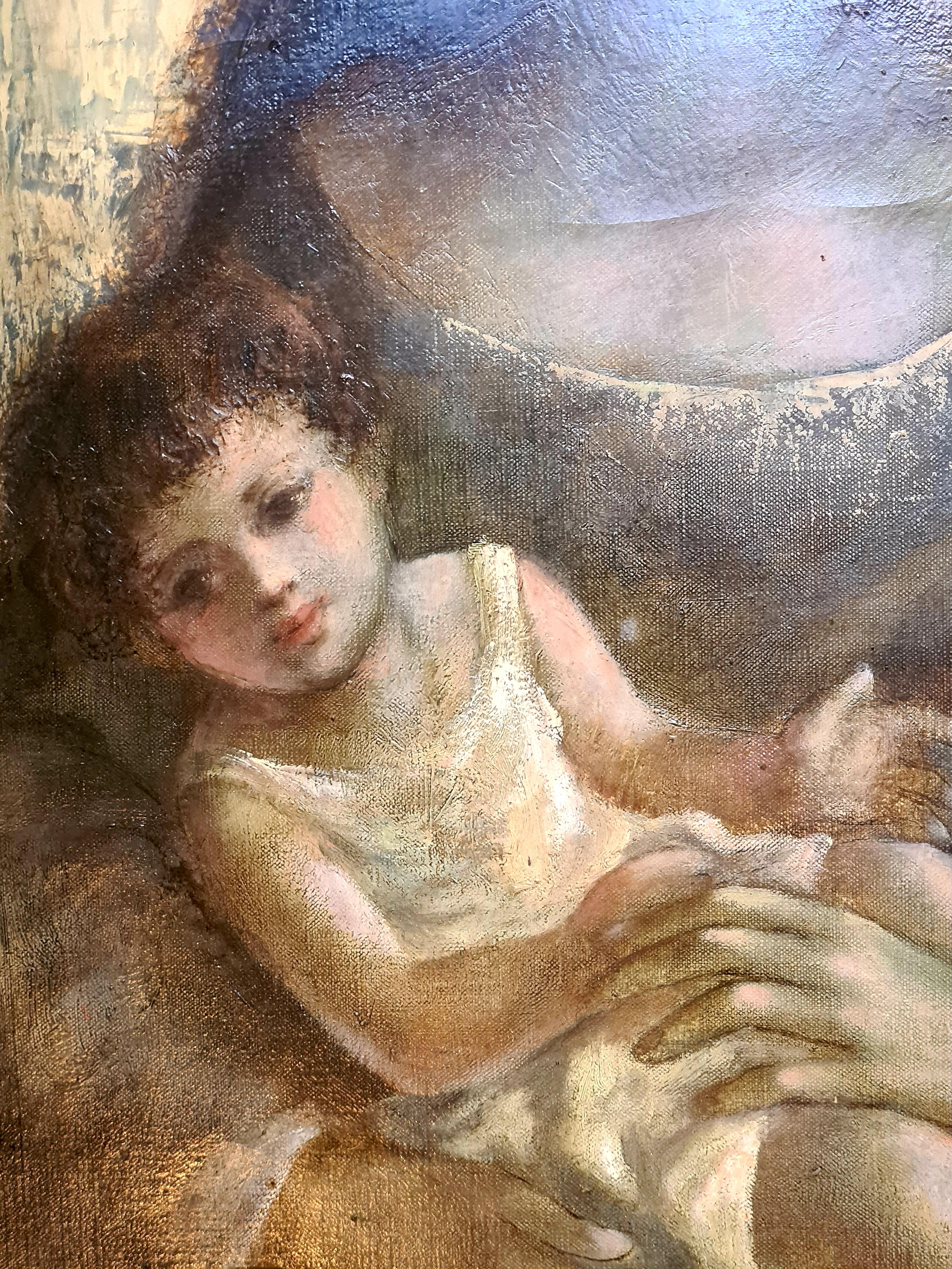 Ecole de Paris, huile sur toile du milieu du siècle représentant une mère et son enfant par Guy Cambier. Le tableau est signé en bas à gauche et il y a une très légère inscription à la craie avec la date au dos de la toile. Présenté dans un beau