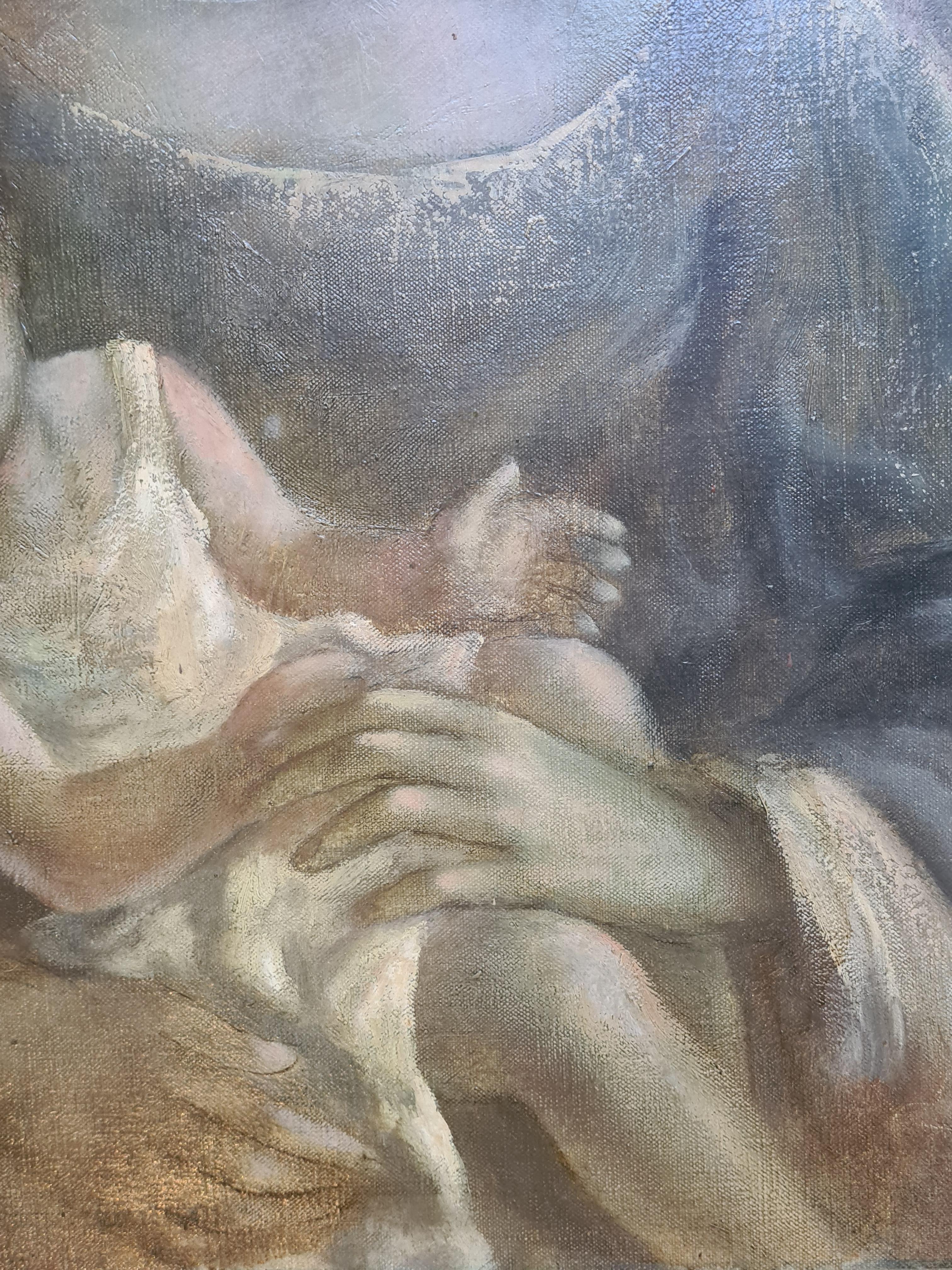 Mère et Child, Ecole de Paris, grande huile sur toile en vente 1