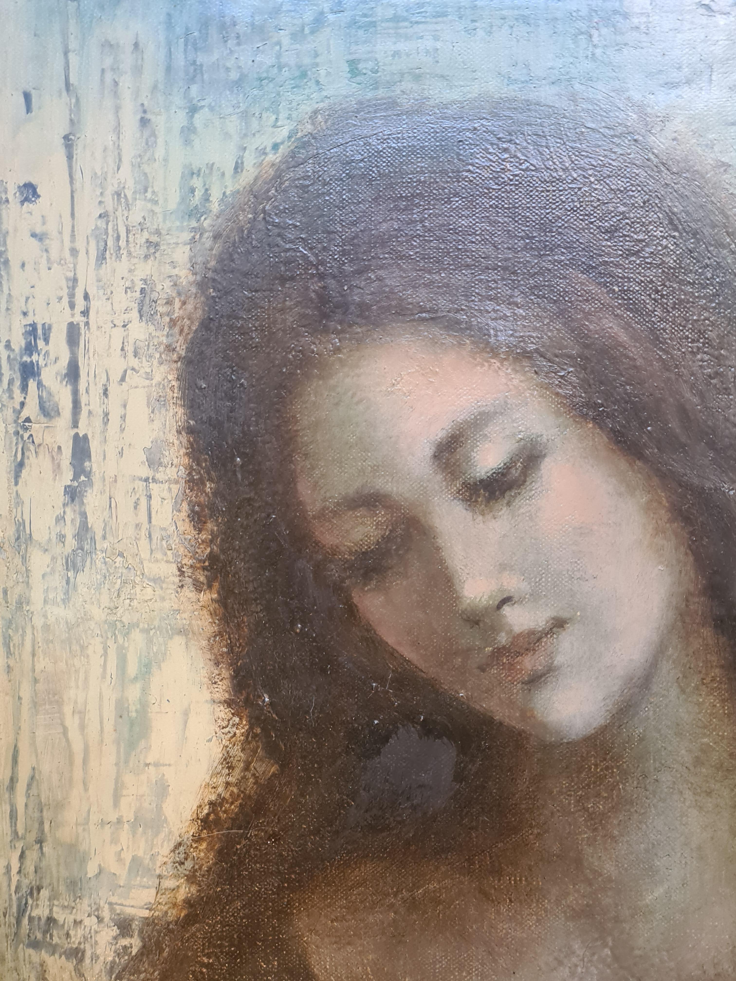 Mère et Child, Ecole de Paris, grande huile sur toile en vente 3