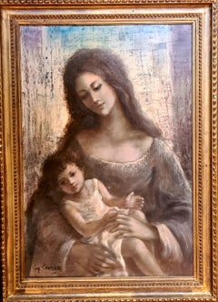 Madre e hijo, Escuela de París, Óleo grande sobre lienzo